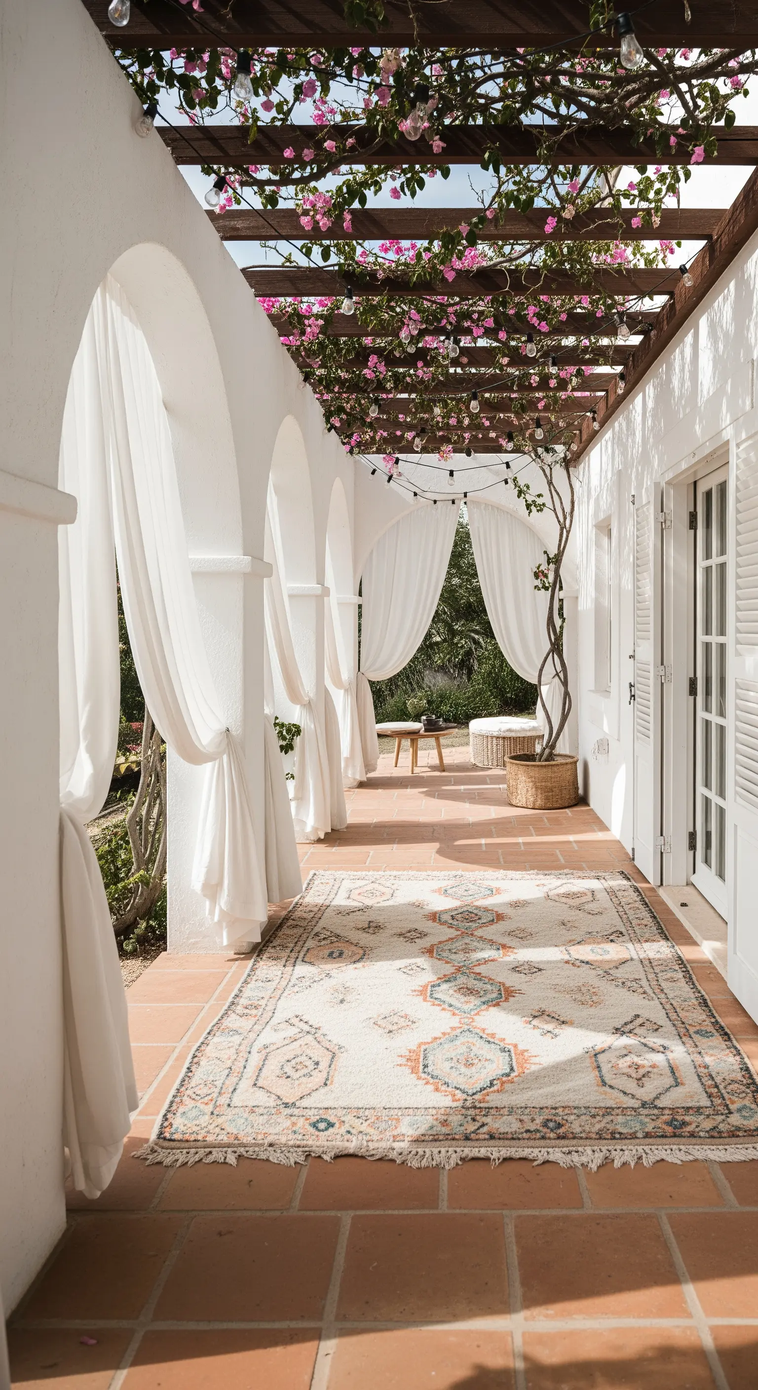 Lungo portico con archi, tende bianche, tappeto chiaro e un pergolato fiorito.