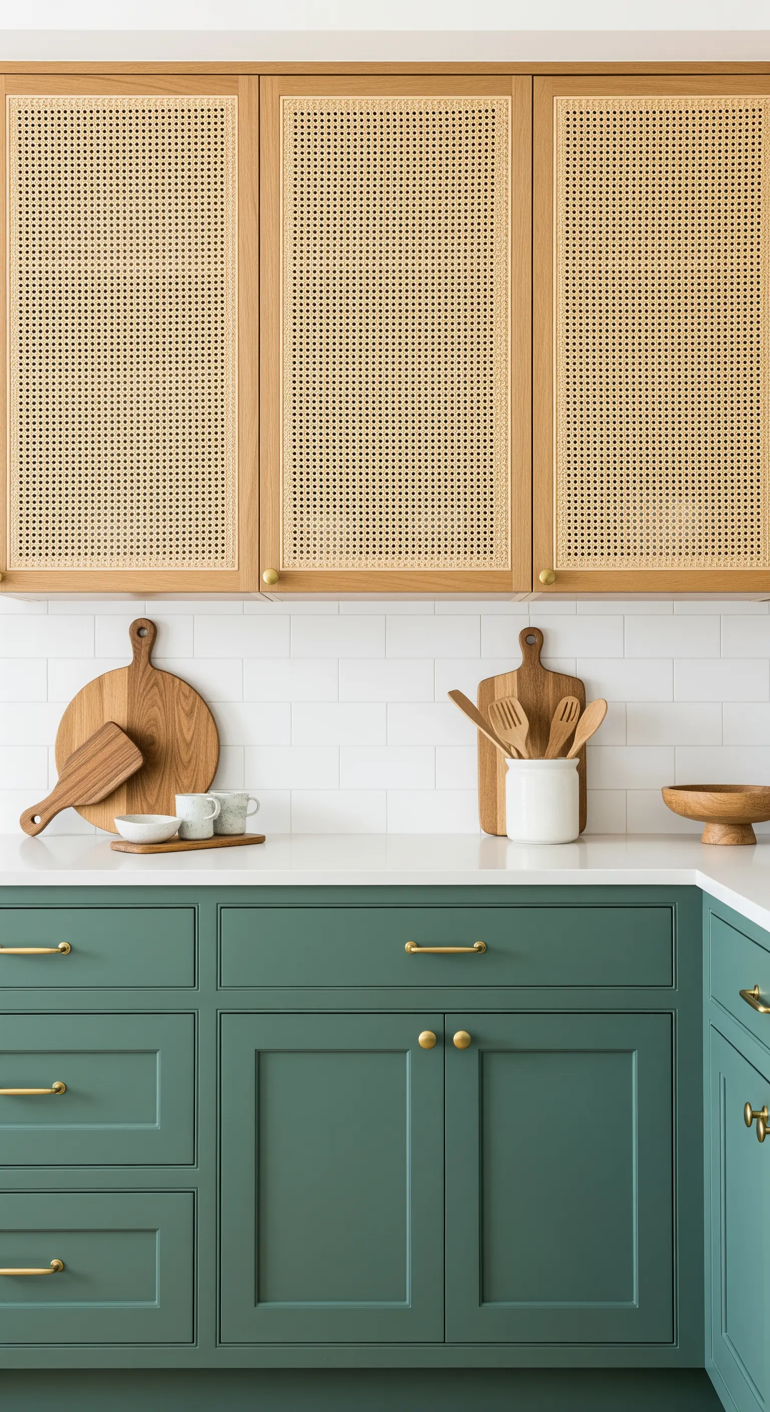 Cucina con pensili in legno e rattan e basi color verde salvia.