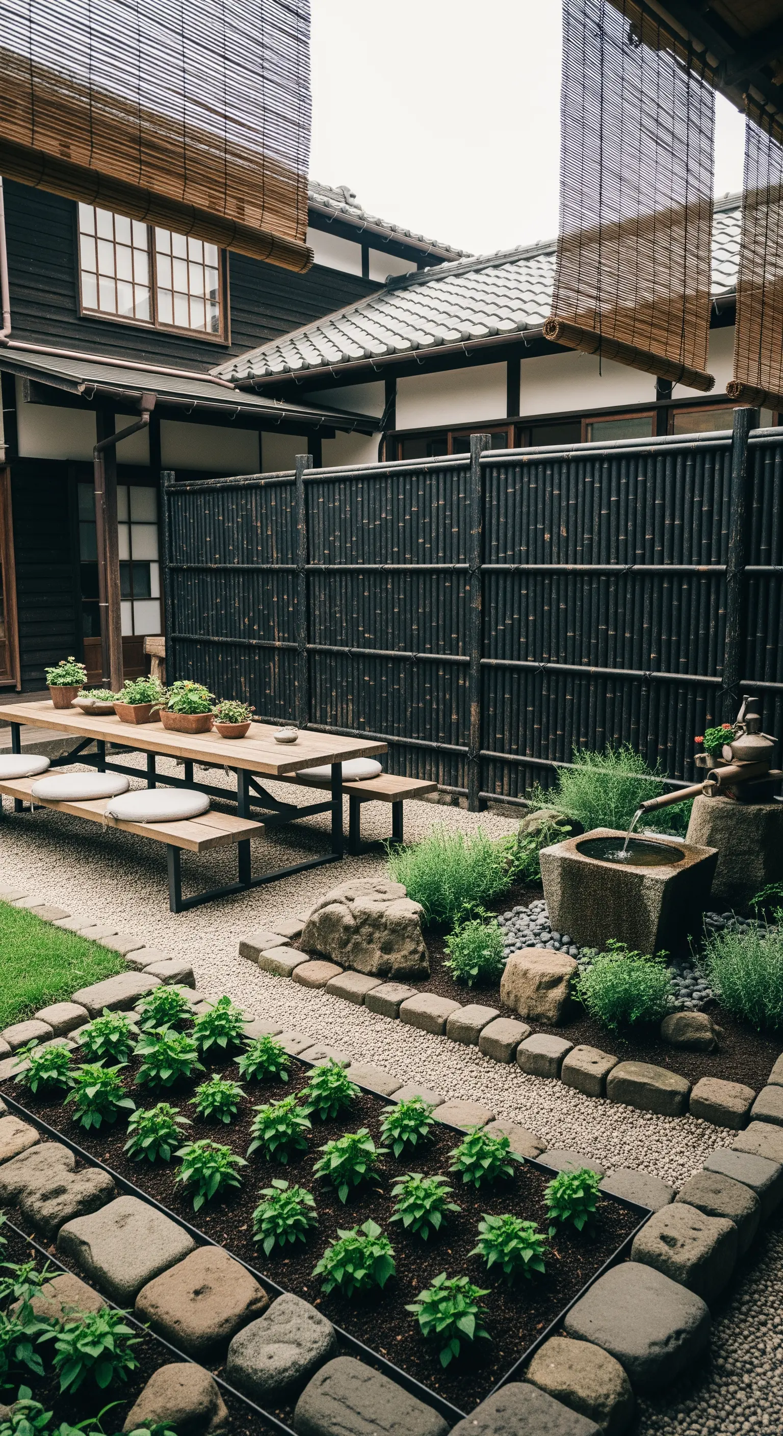 Giardino zen con staccionata in bambù nero, fontana in pietra e orto.