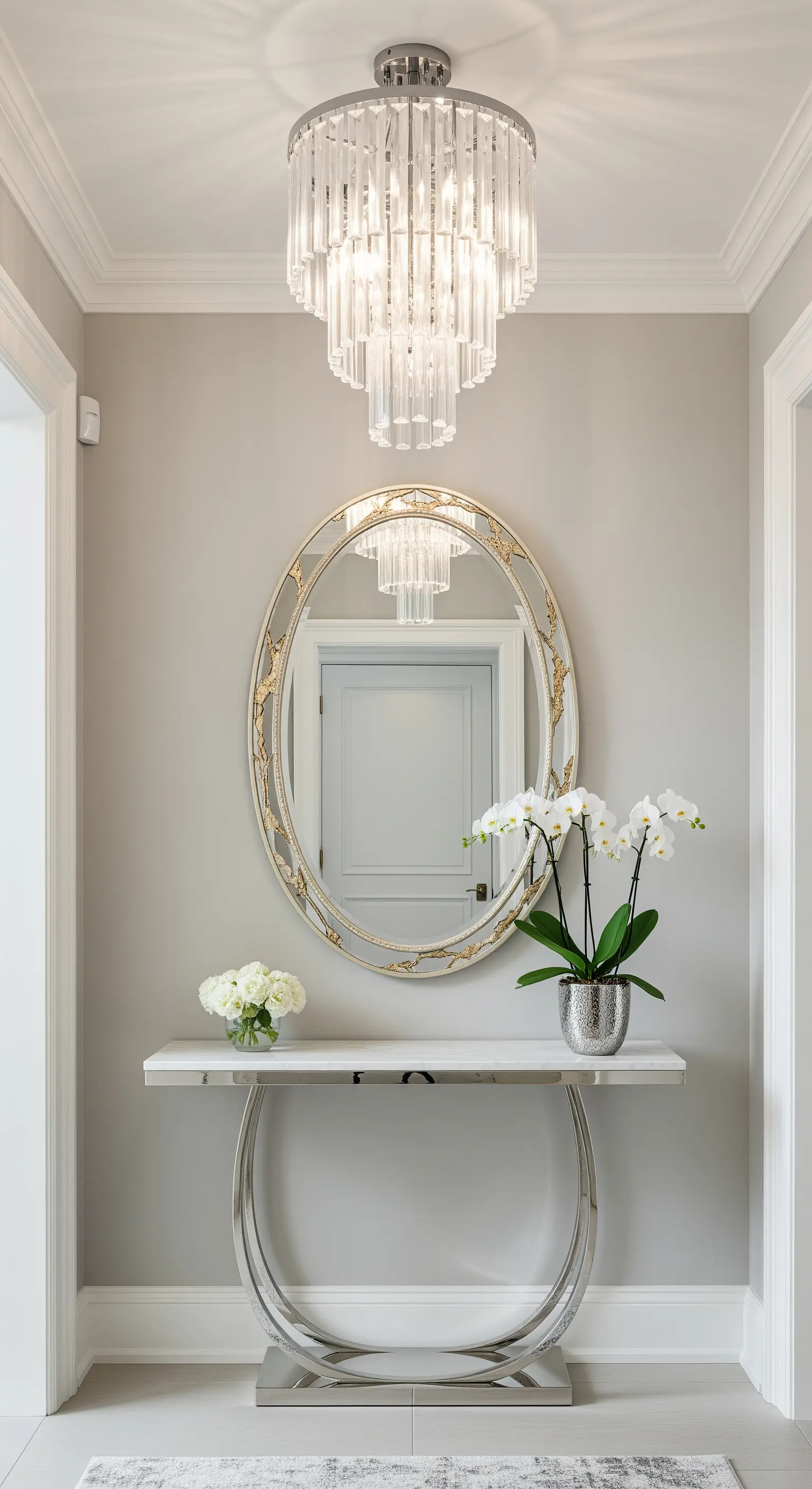 Ingresso con specchio ovale bicolore (oro/argento), consolle in acciaio e lampadario di cristallo.