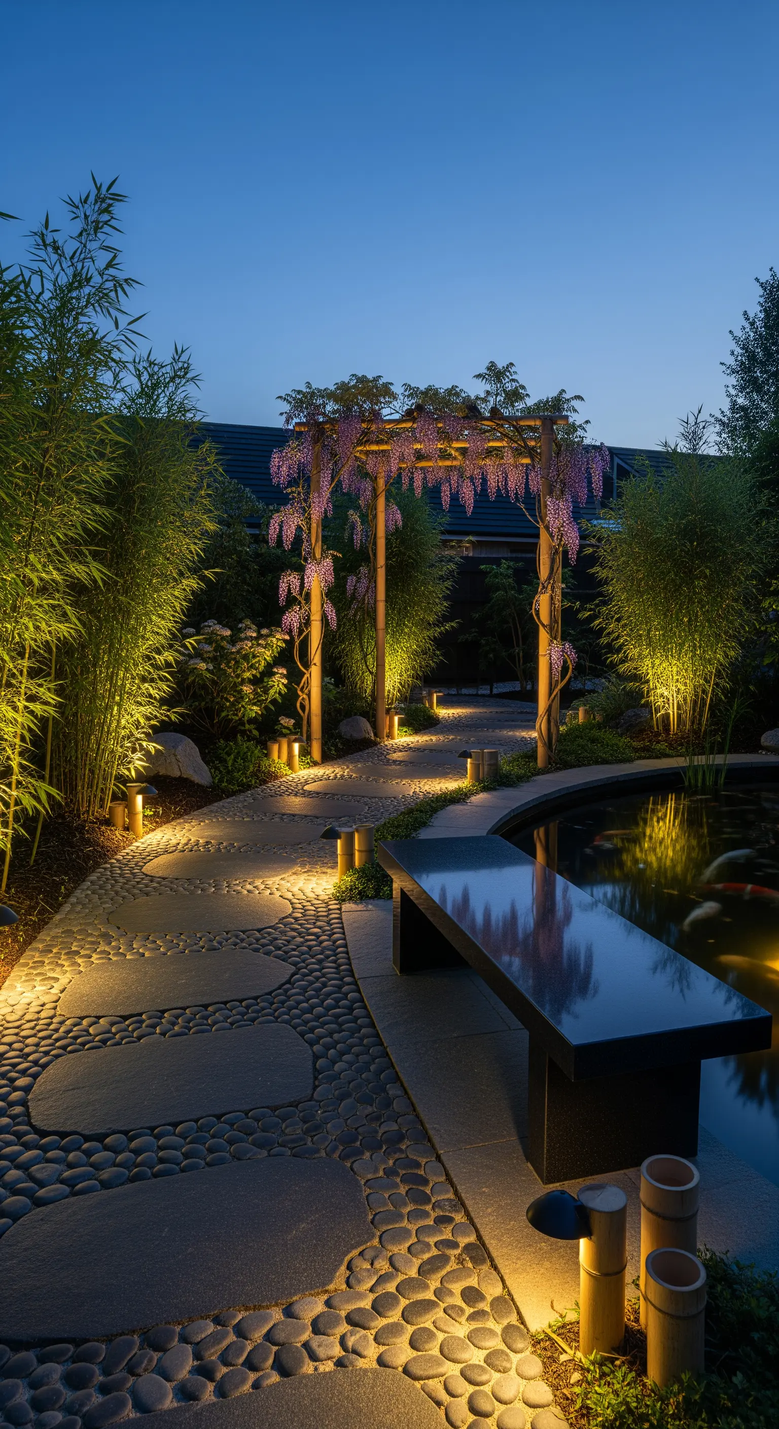 Giardino zen con sentiero in pietra e ciottoli, laghetto con carpe koi e un arco di glicine illuminato