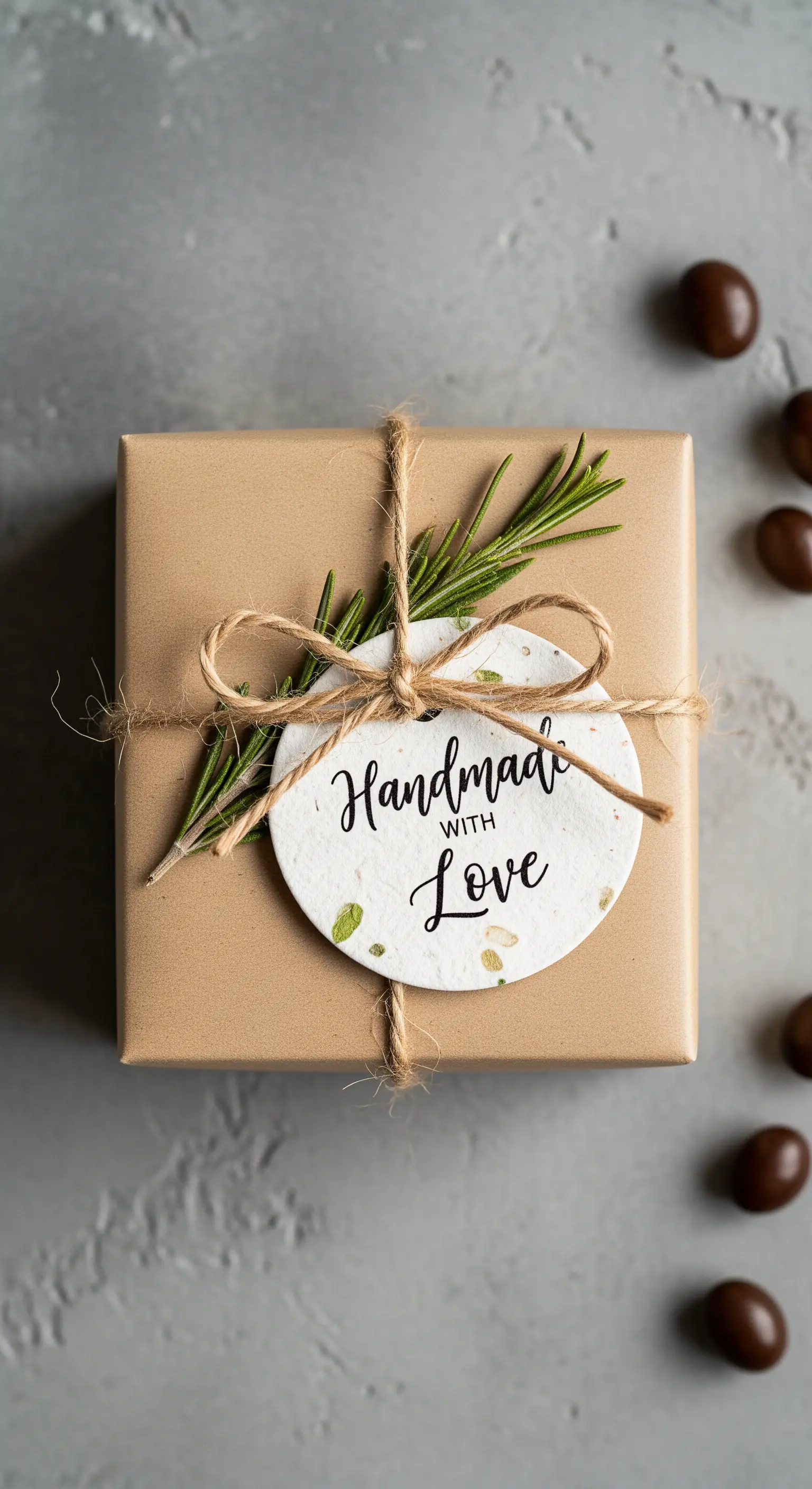 Pacchetto regalo in carta kraft decorato con spago, un rametto di rosmarino e un'etichetta.