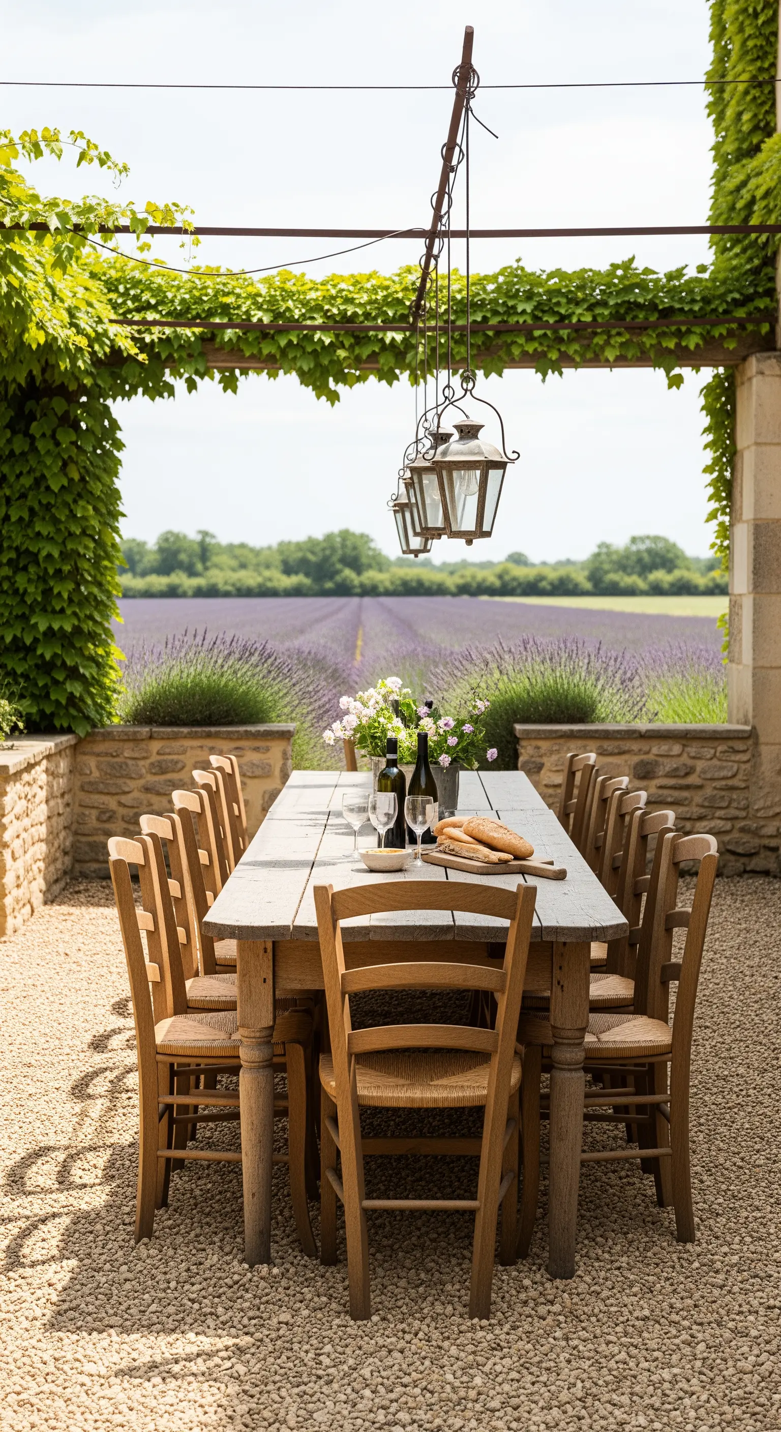 Tavolo da pranzo rustico in legno su una terrazza di ghiaia affacciata su un campo di lavanda.