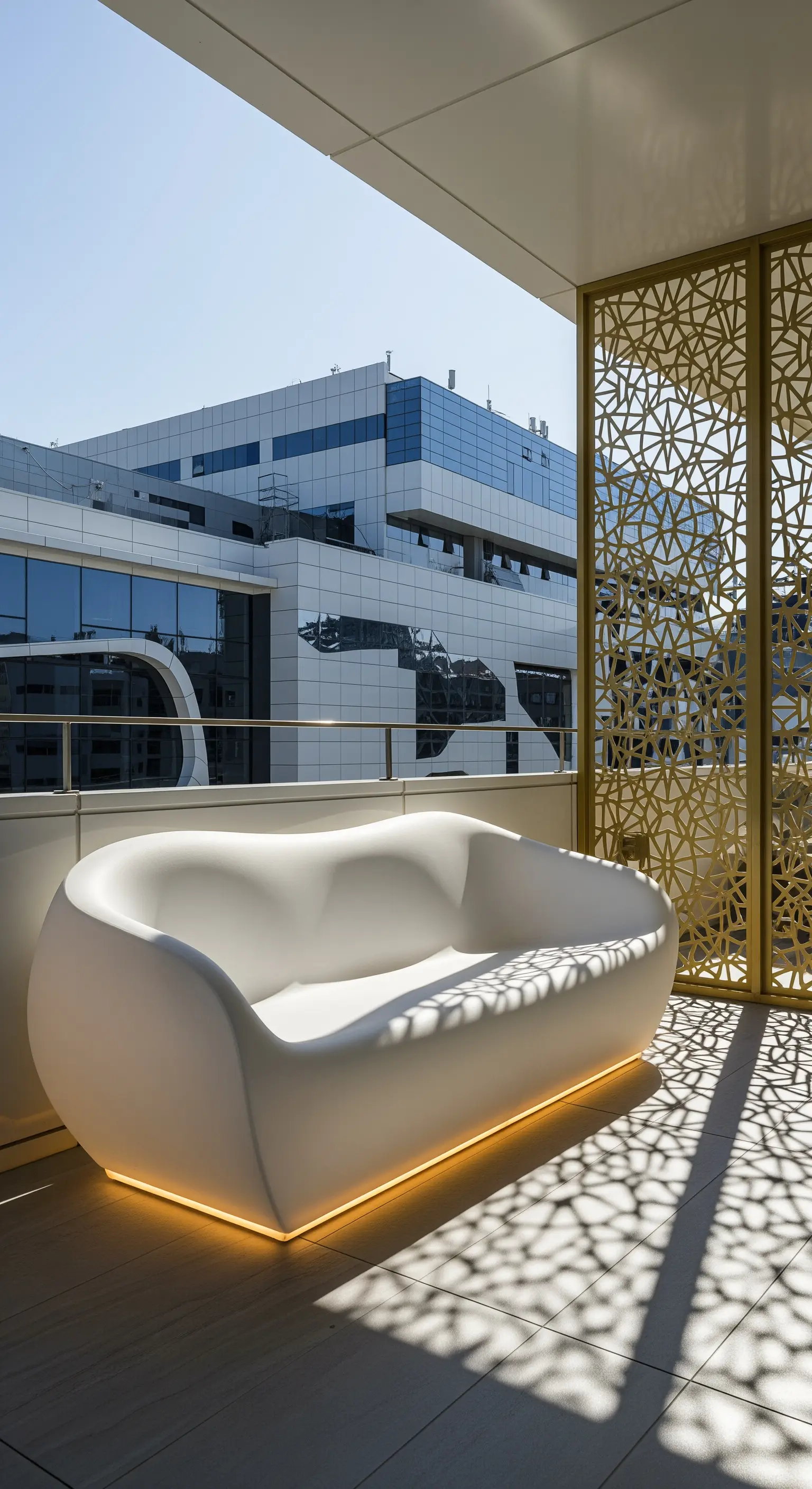 Balcone moderno con divano bianco scultoreo illuminato alla base e un pannello traforato dorato.
