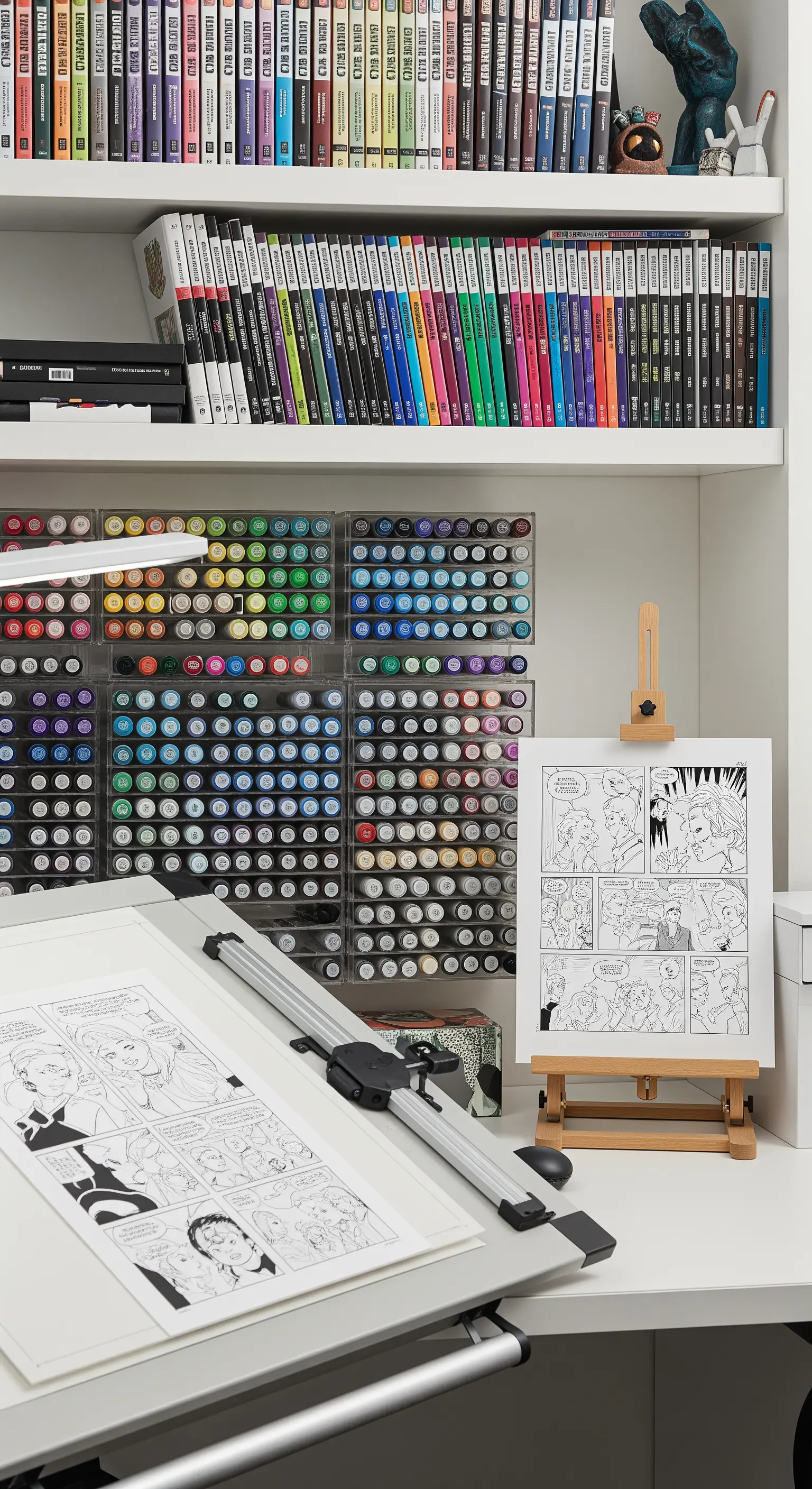 Scrivania da fumettista con organizer per pennarelli colorati e tavole da disegno.