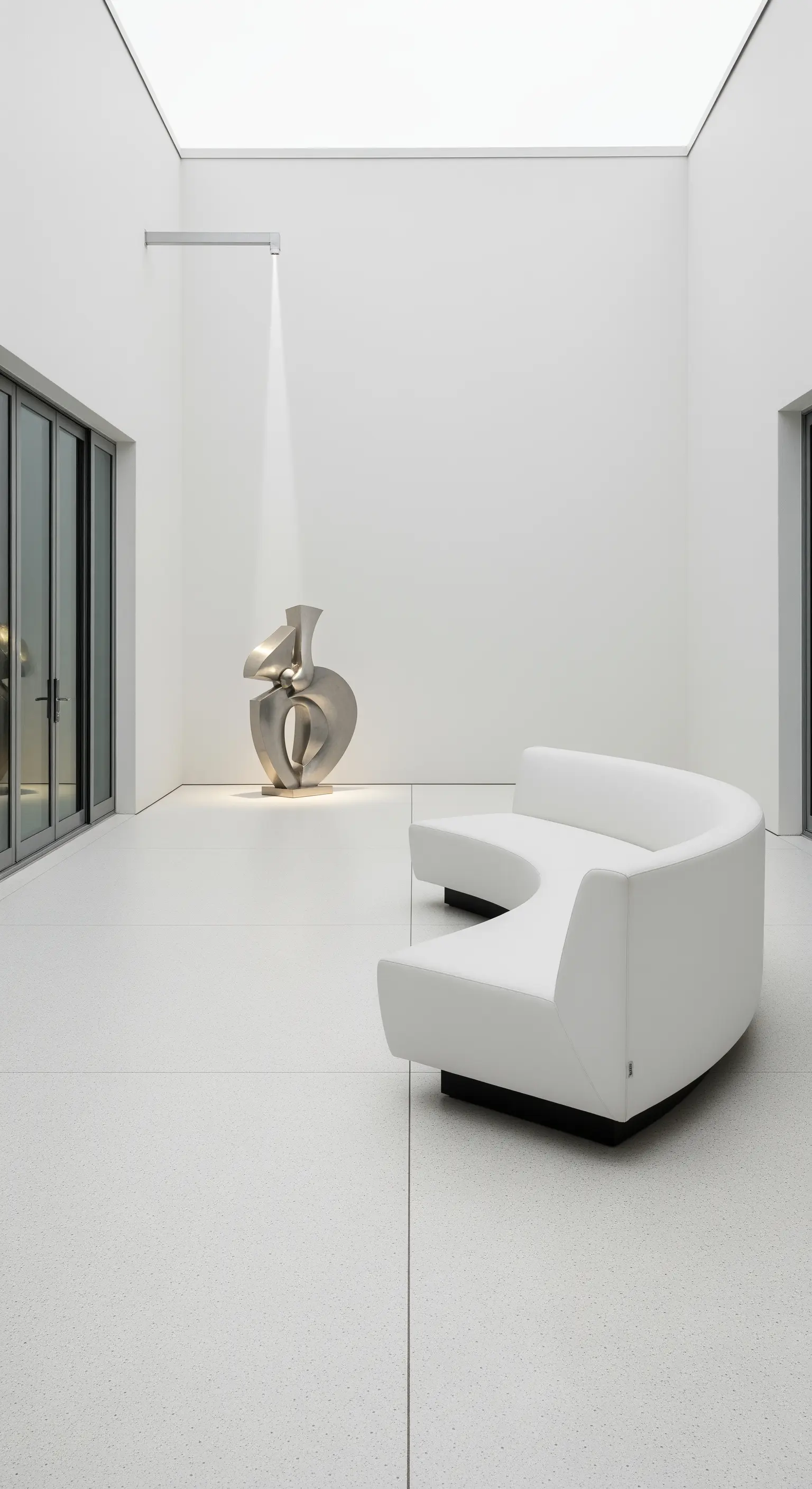 Patio bianco minimalista con un divano curvo e una scultura in metallo illuminata da un faretto