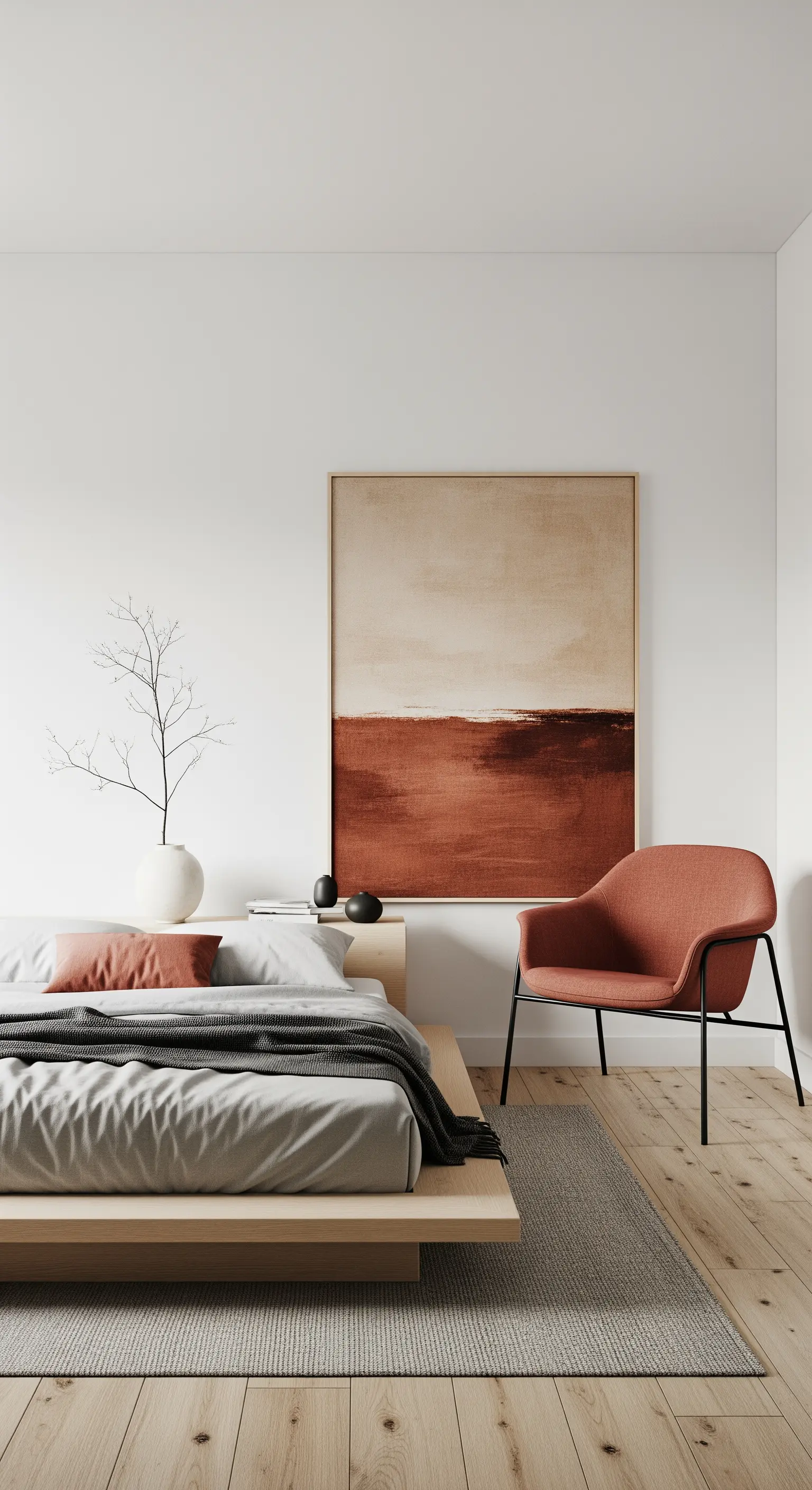 Camera minimalista con un grande quadro astratto color terracotta sopra un letto basso in legno.