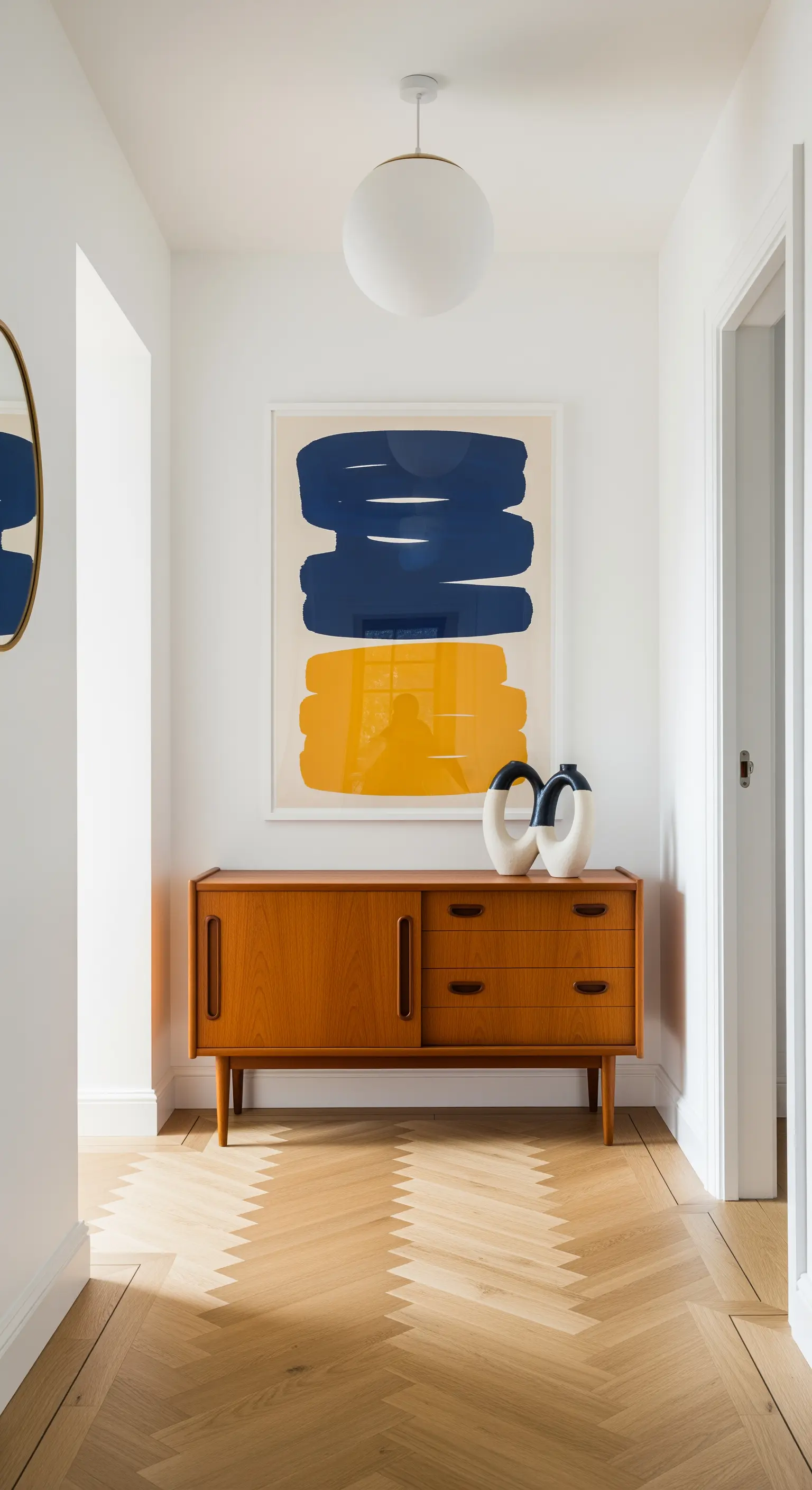 Credenza in legno mid-century sotto un grande quadro astratto blu e giallo.