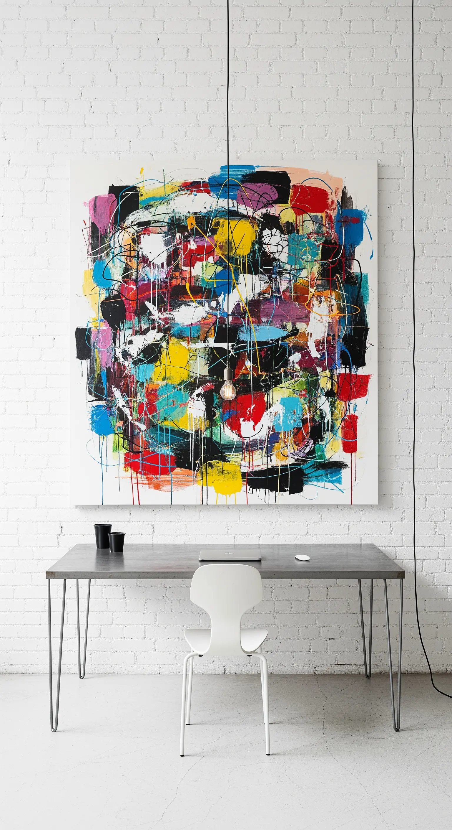 Grande quadro astratto e colorato appeso a una parete di mattoni bianchi sopra una scrivania.