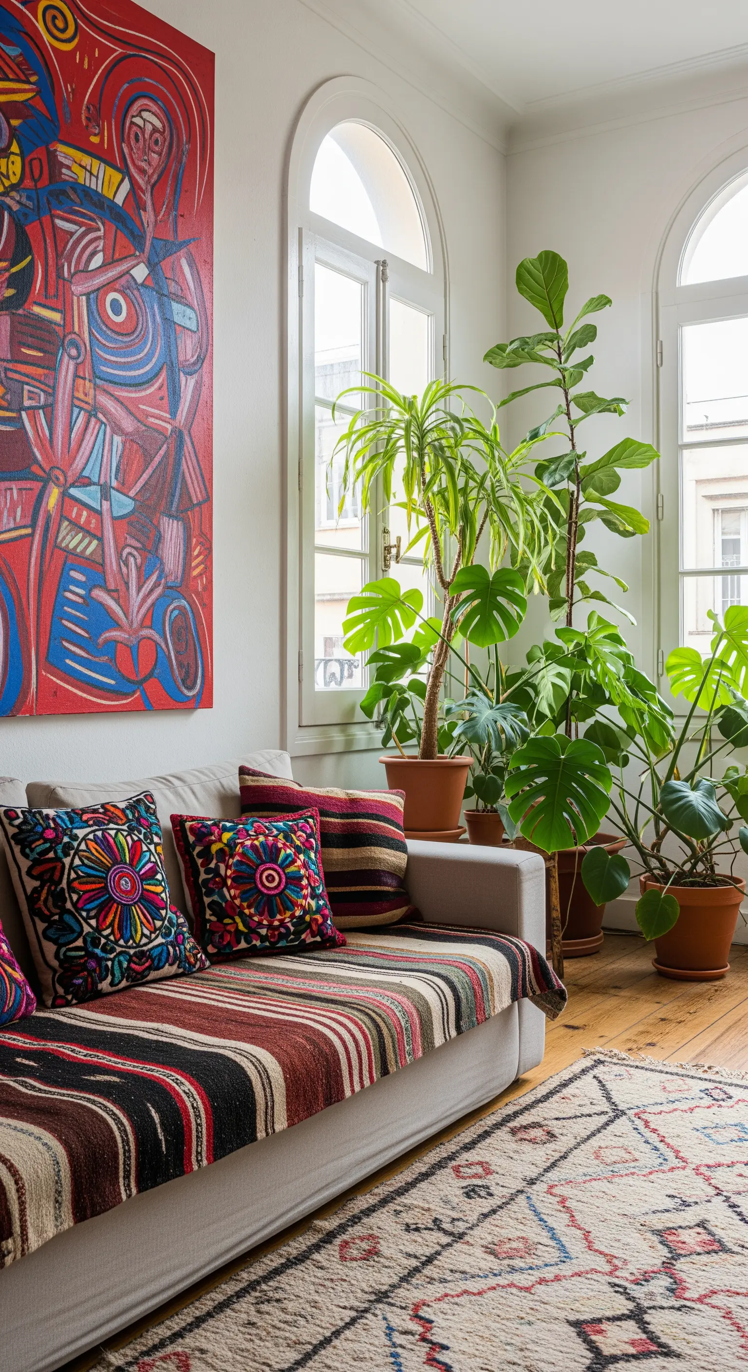 Salotto con grande quadro astratto, divano con coperta e cuscini etnici e piante rigogliose.
