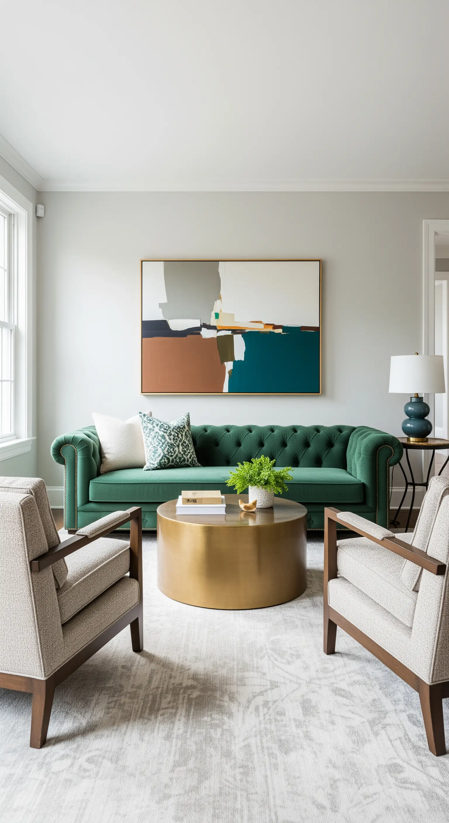 Divano Chesterfield verde sotto un grande quadro astratto che ne riprende i colori.