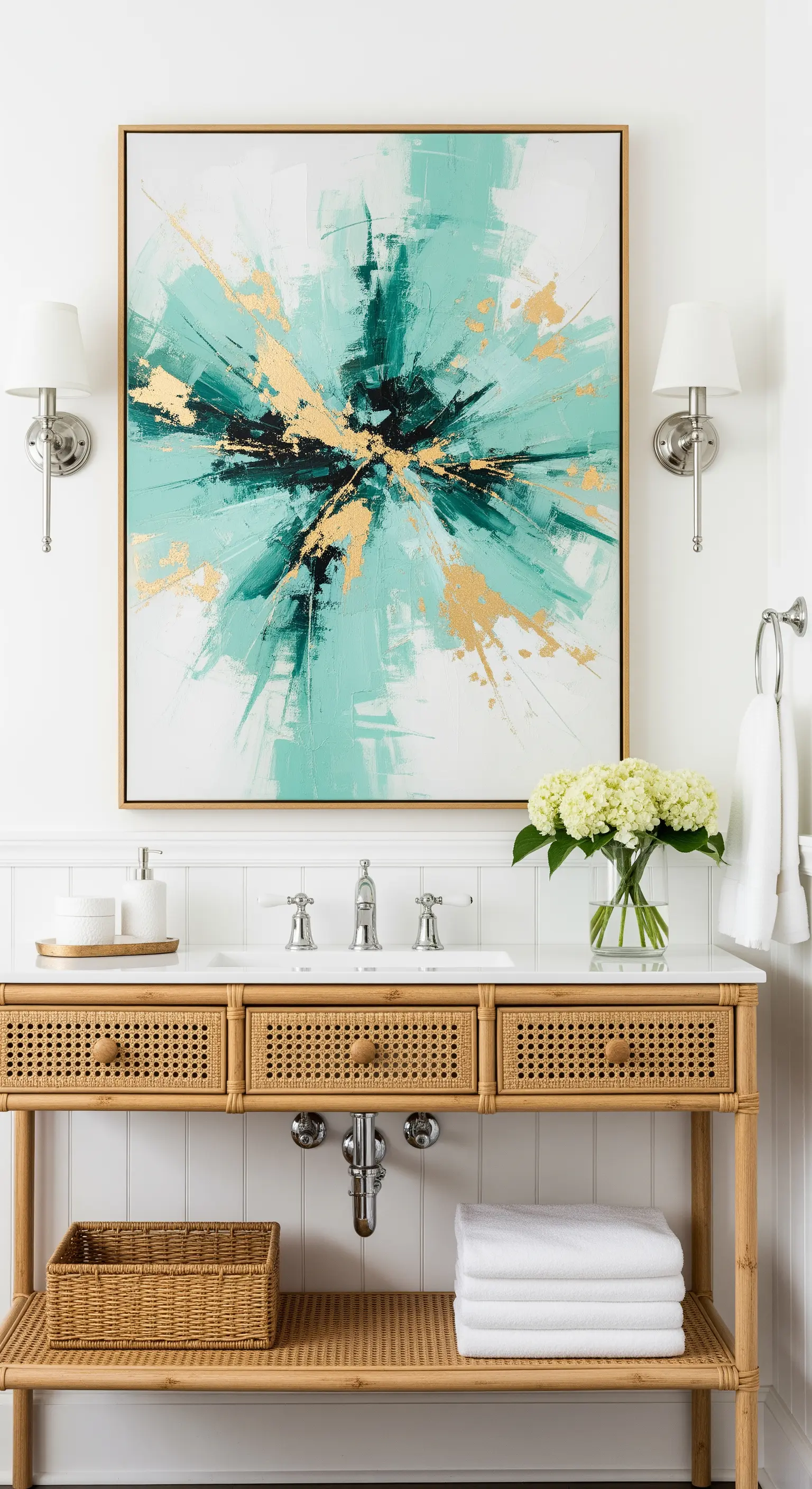 Mobile lavabo in rattan sotto un grande quadro astratto nei toni del verde e oro.