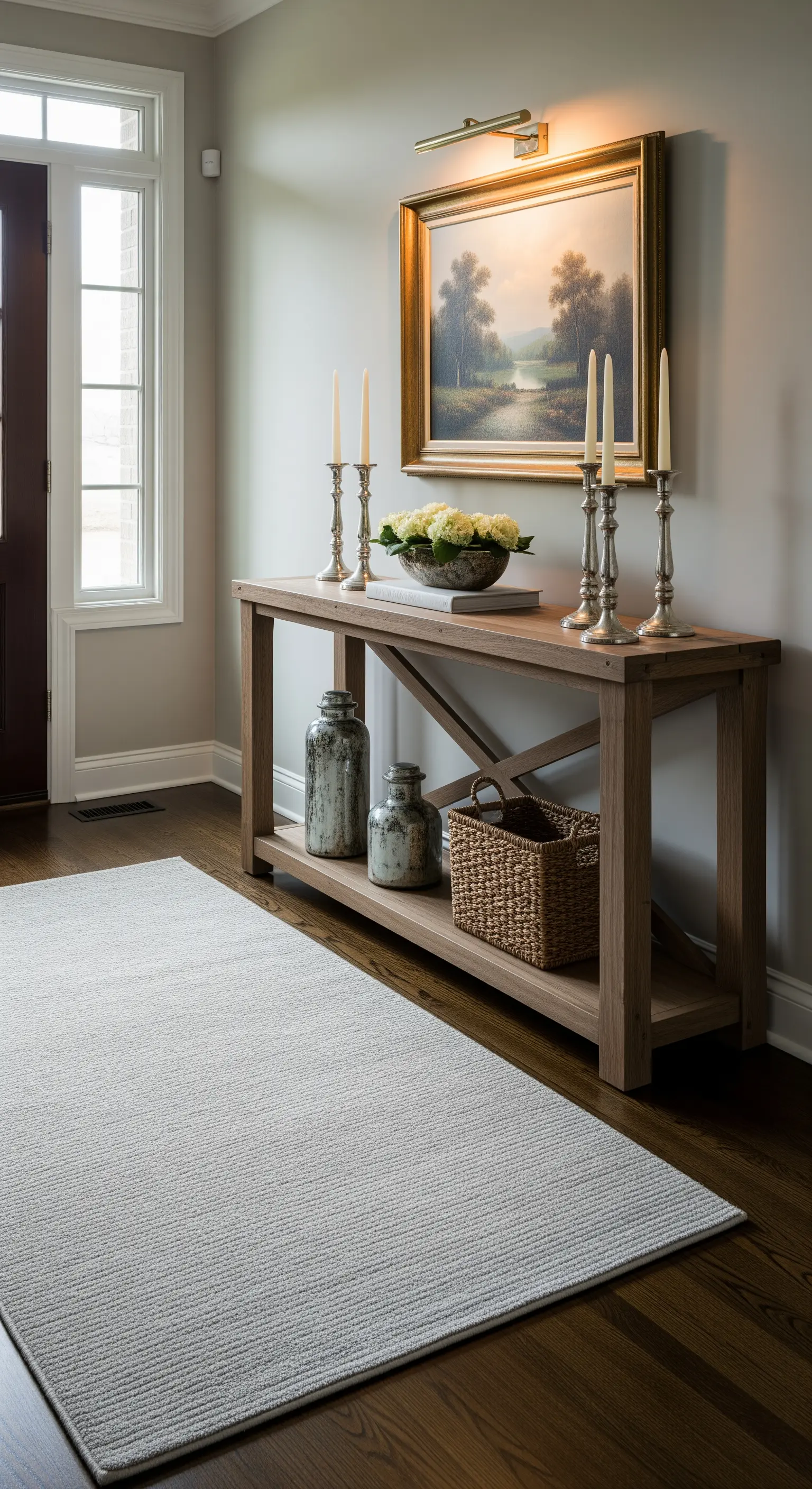 Ingresso tradizionale con consolle in legno, un quadro illuminato da una lampada dedicata e tappeto chiaro.