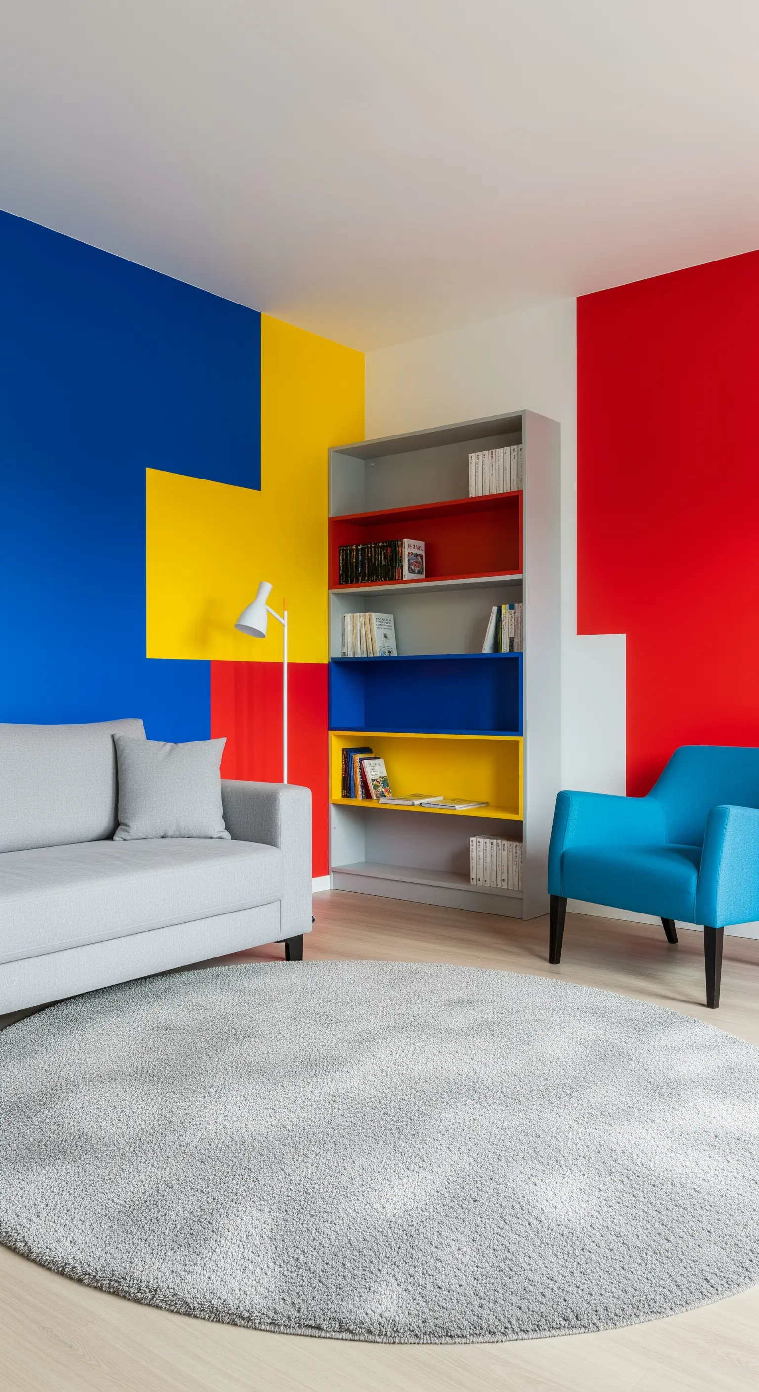 Soggiorno con pareti a blocchi di colore rosso, giallo e blu in stile Mondrian.