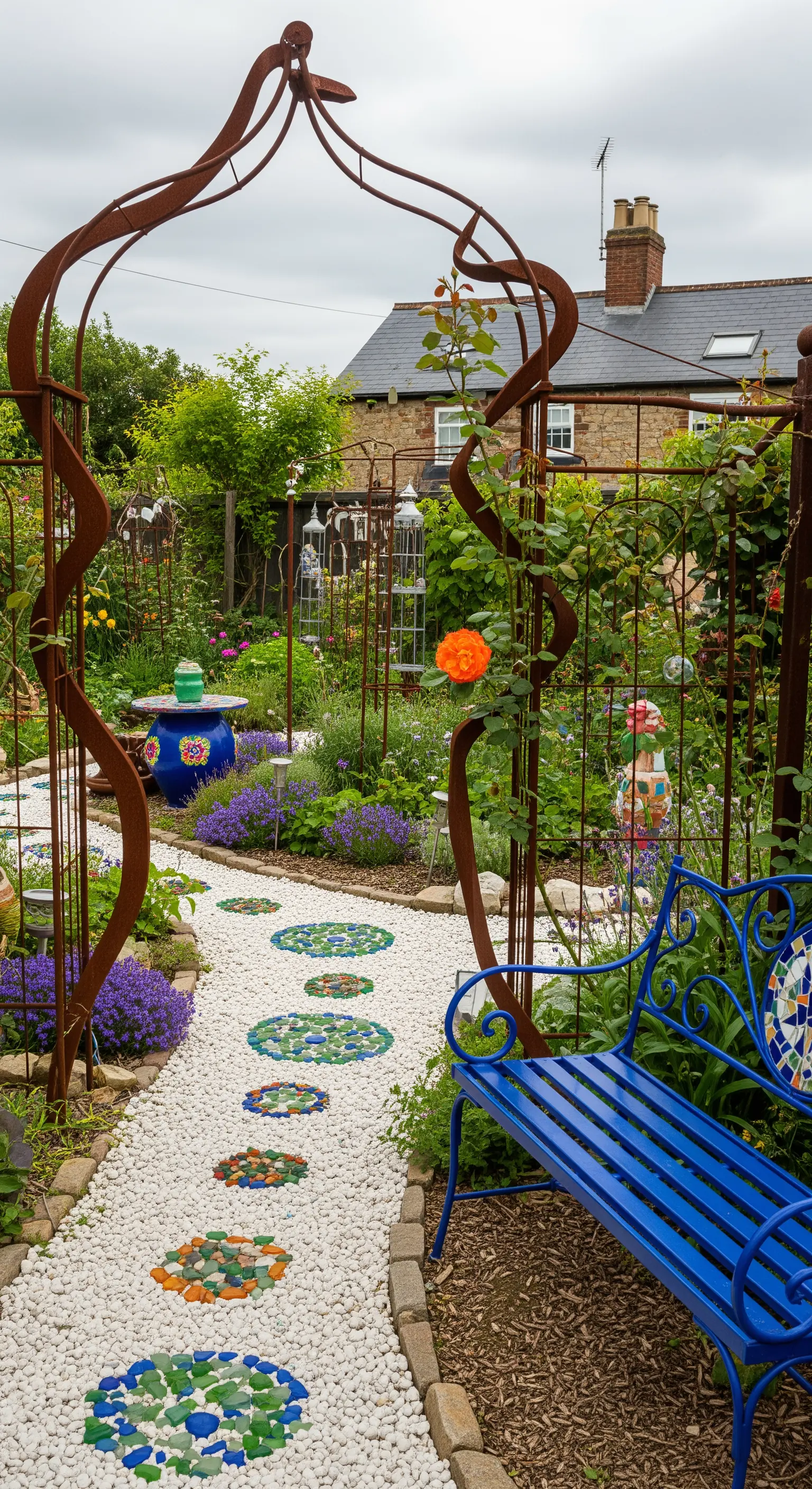Giardino artistico con panchina blu, arco in metallo scultoreo e mosaici nel sentiero di ghiaia.