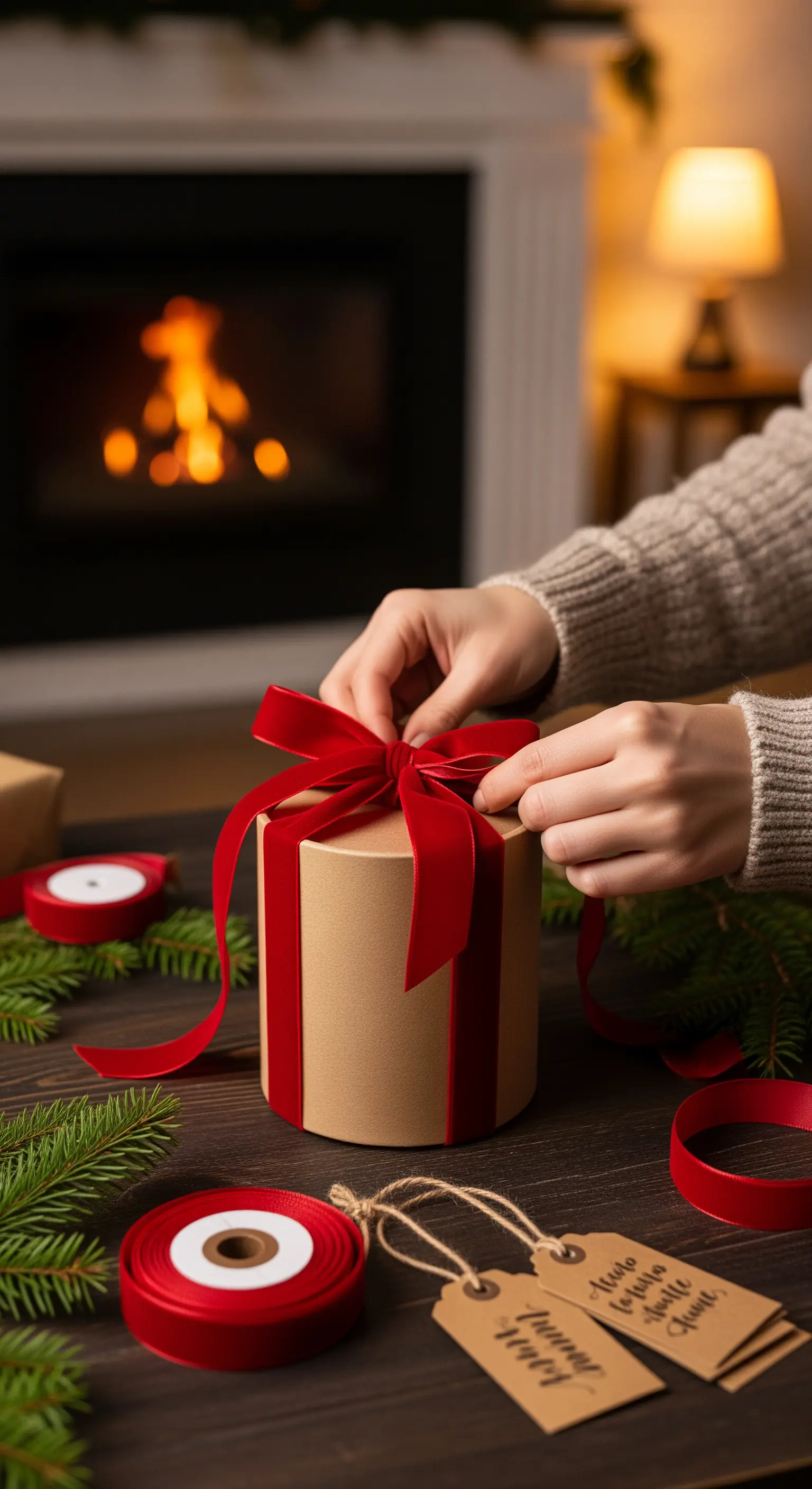 Mani che legano un fiocco di velluto rosso su una scatola cilindrica in carta kraft.