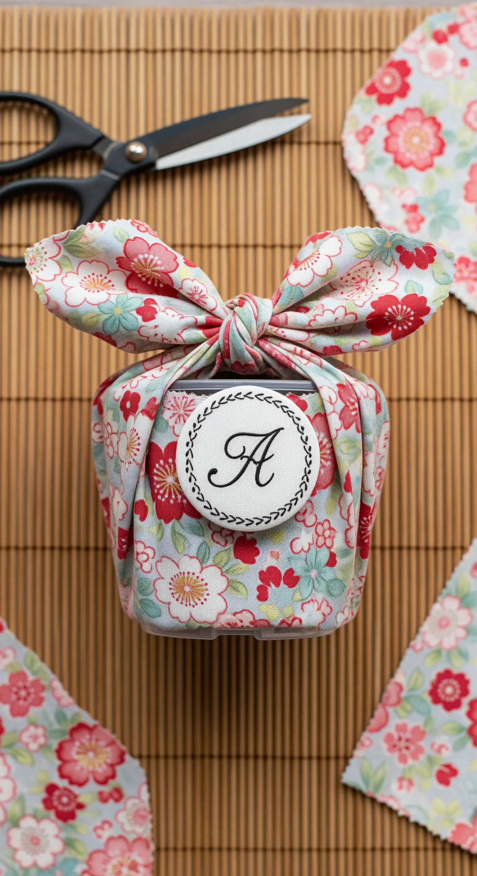 Vasetto avvolto in un tessuto floreale con la tecnica Furoshiki e un'etichetta ricamata.