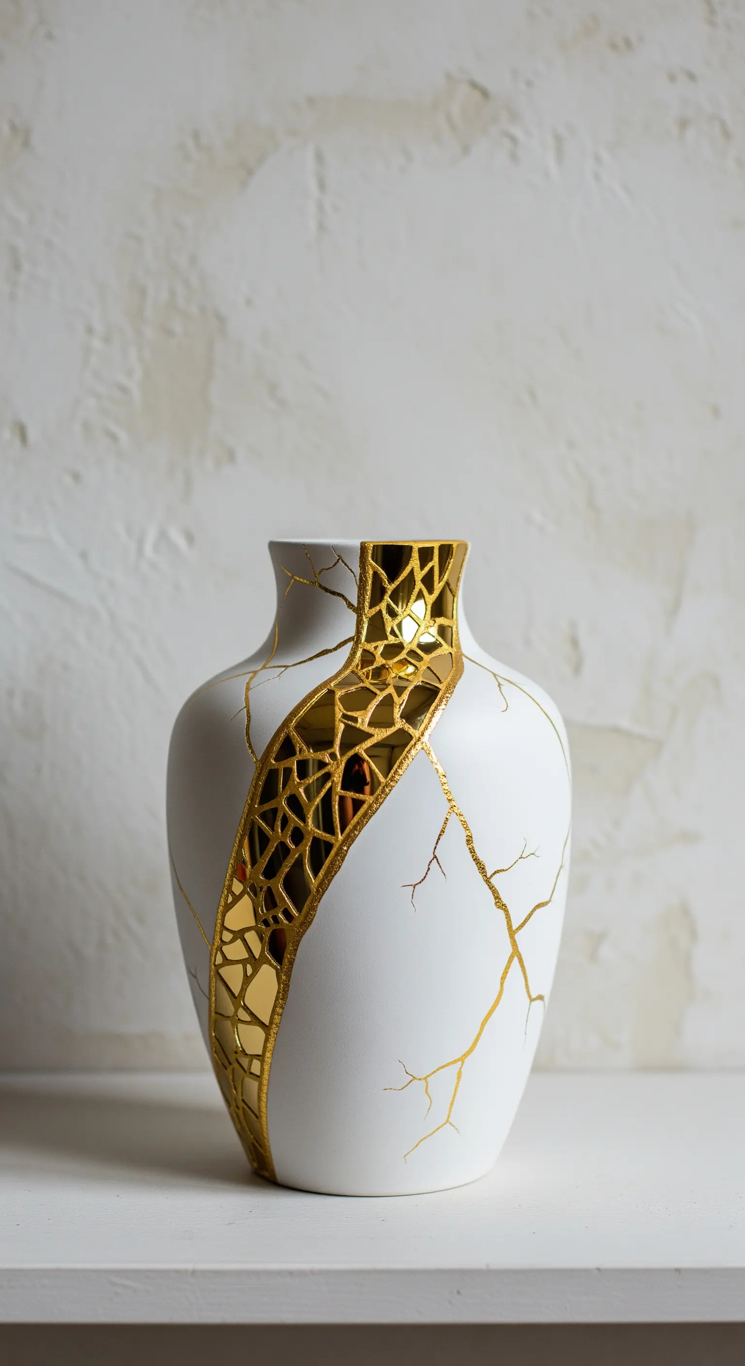 Vaso in ceramica bianca con una crepa decorativa realizzata con un mosaico di specchi dorati.