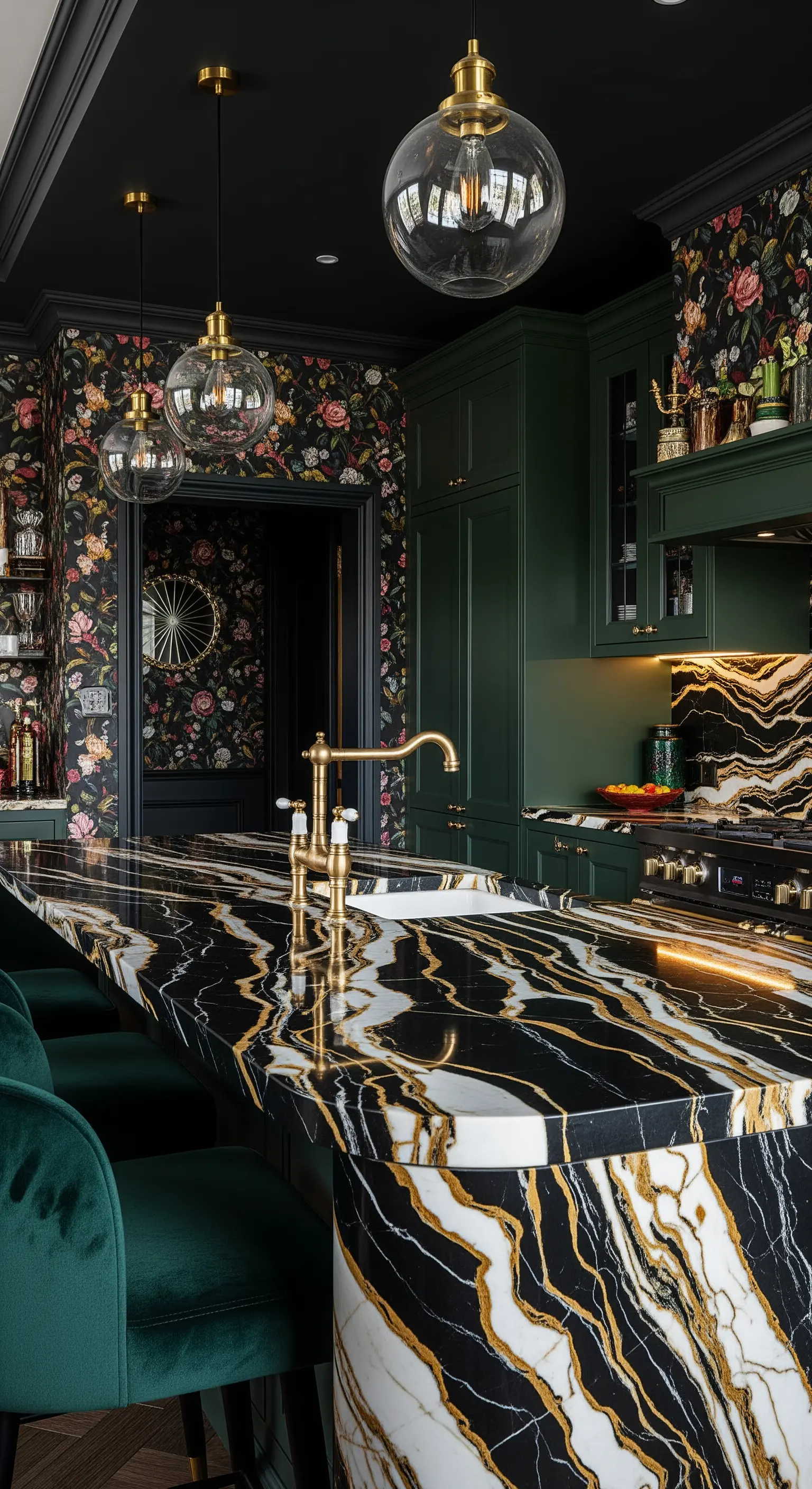 Isola in marmo nero con vistose venature dorate, abbinata a mobili verdi e carta da parati floreale.