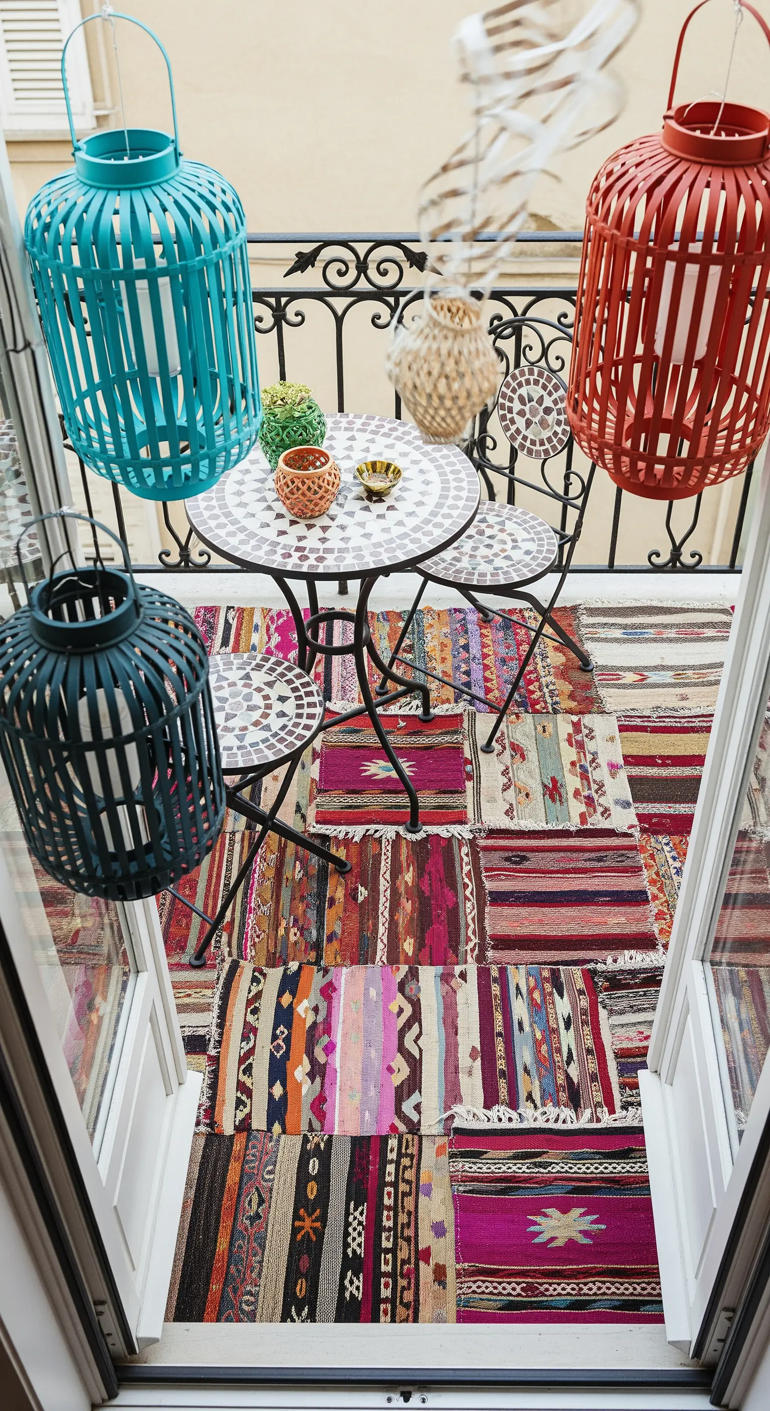 Piccolo balcone con tavolino a mosaico, tappeto kilim patchwork e lanterne colorate.