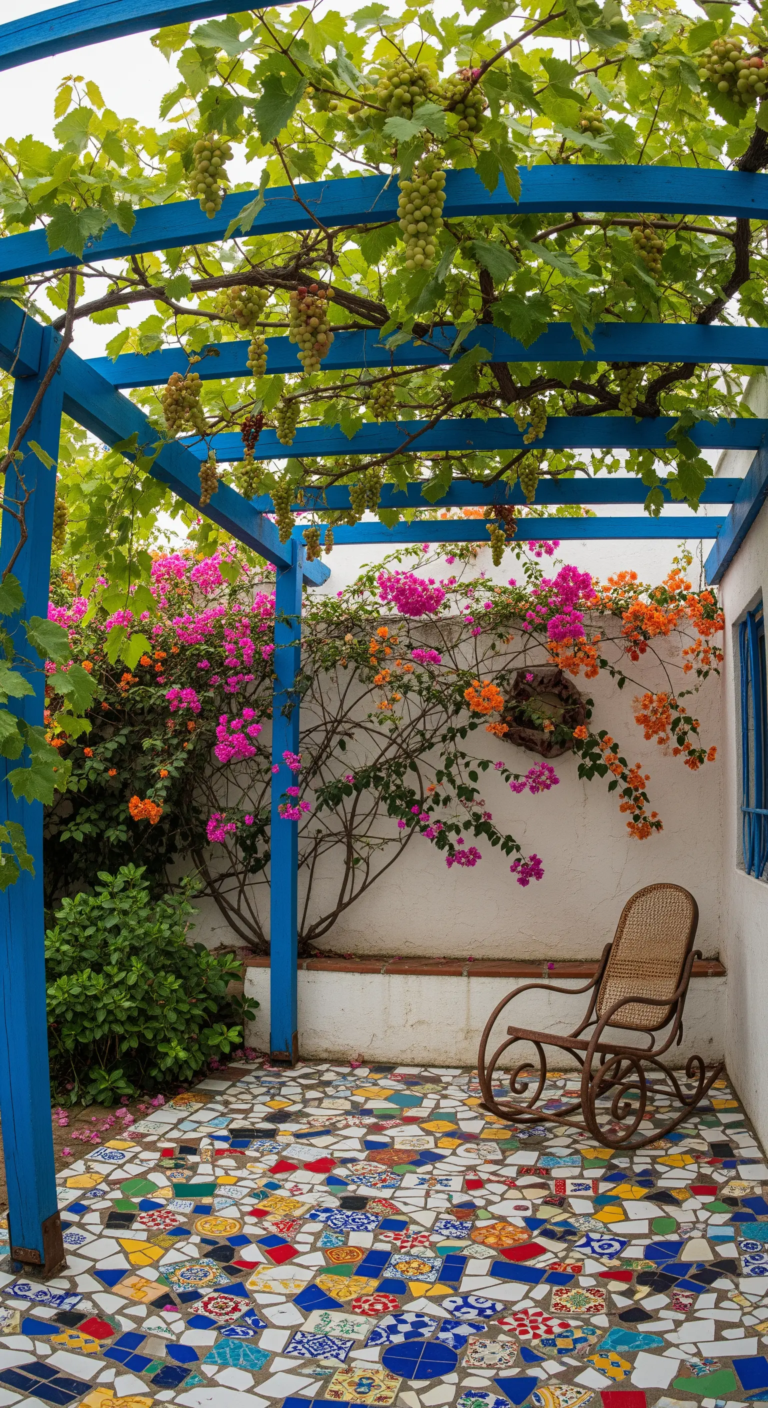 Patio con pavimento a mosaico di piastrelle rotte colorate e pergola blu.