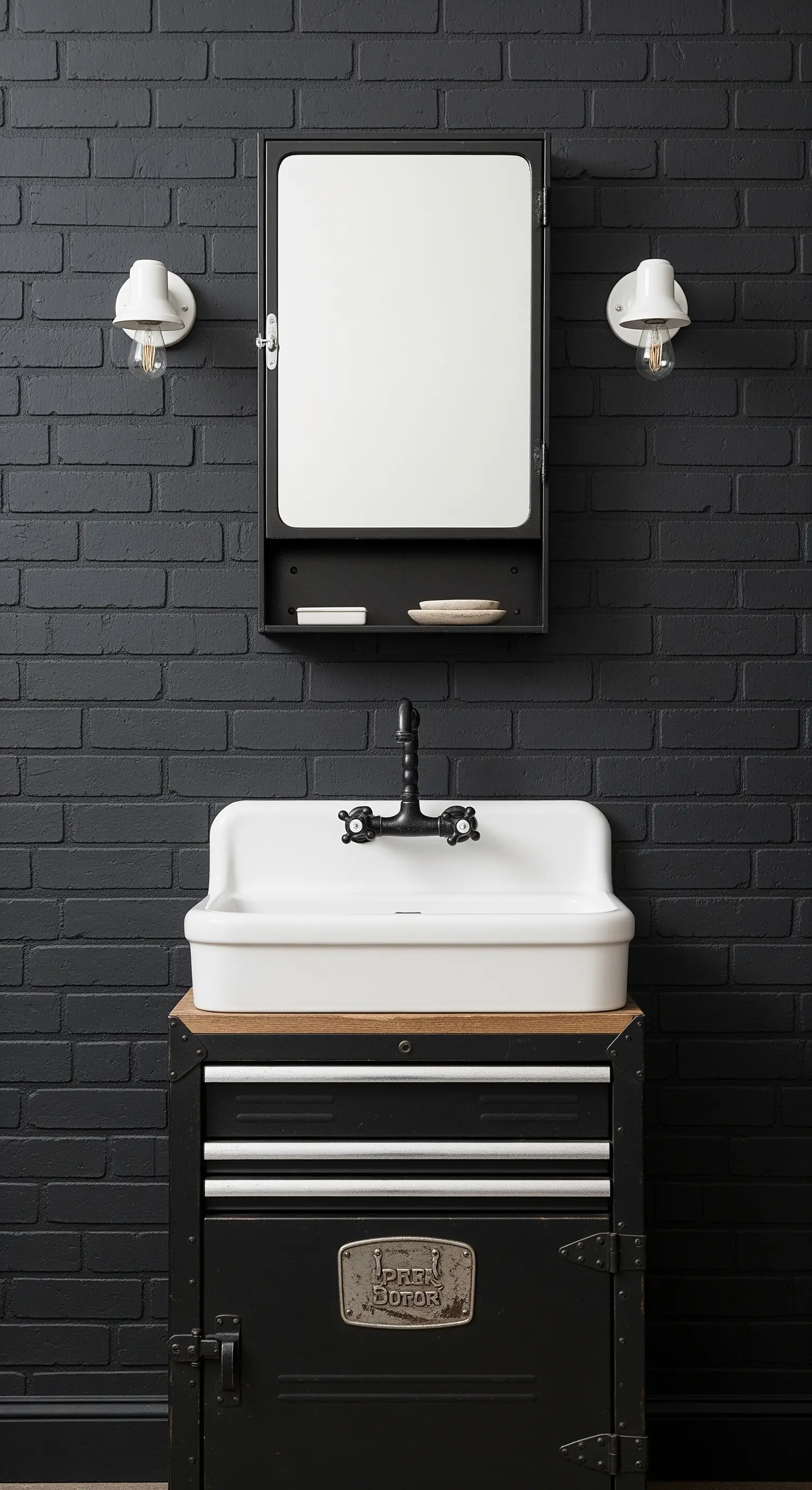 Lavabo vintage appoggiato su un mobiletto da officina in metallo nero, parete di mattoni neri.