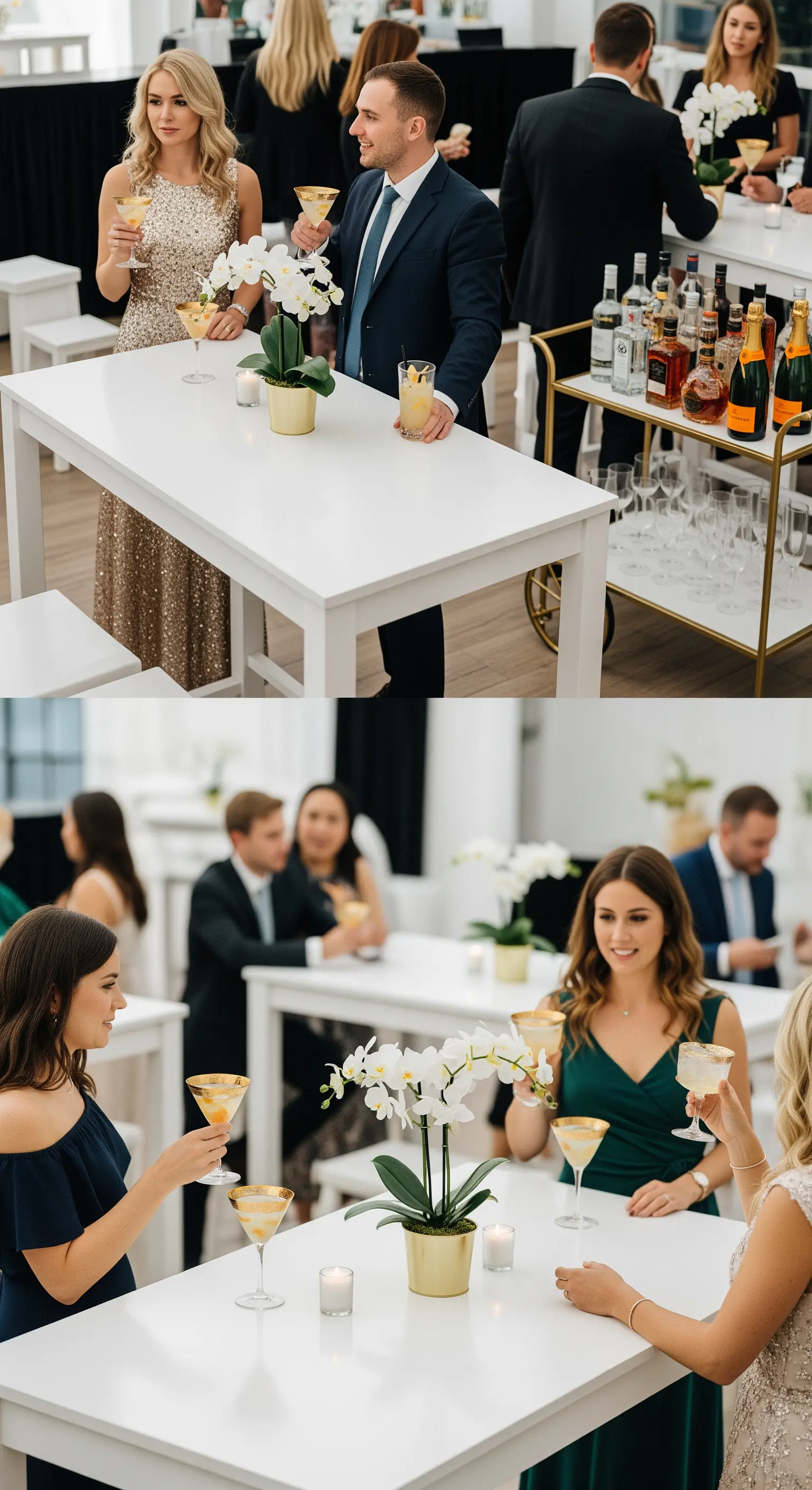 Invitati che conversano attorno a tavoli alti bianchi durante un cocktail party elegante.