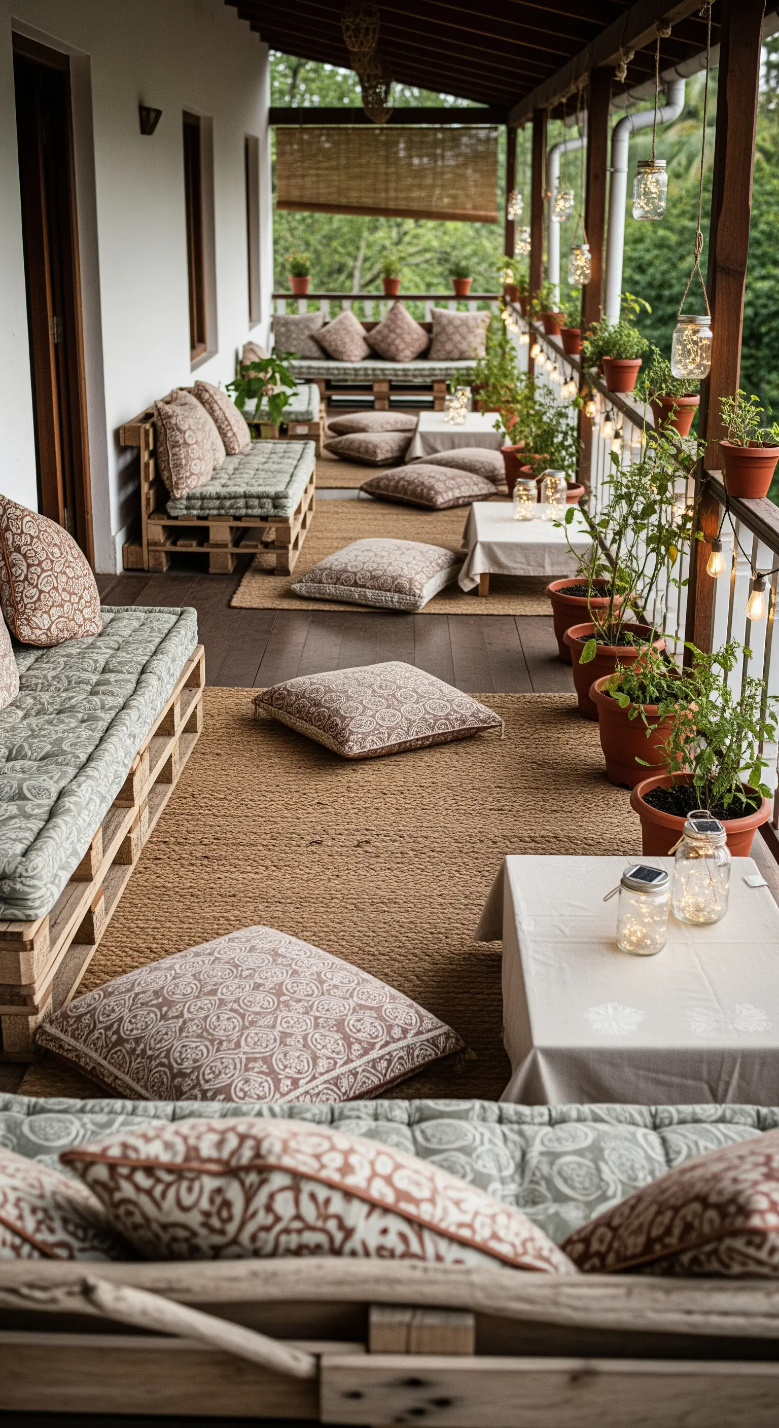 Veranda con sedute in pallet e cuscini a terra per un'atmosfera conviviale.