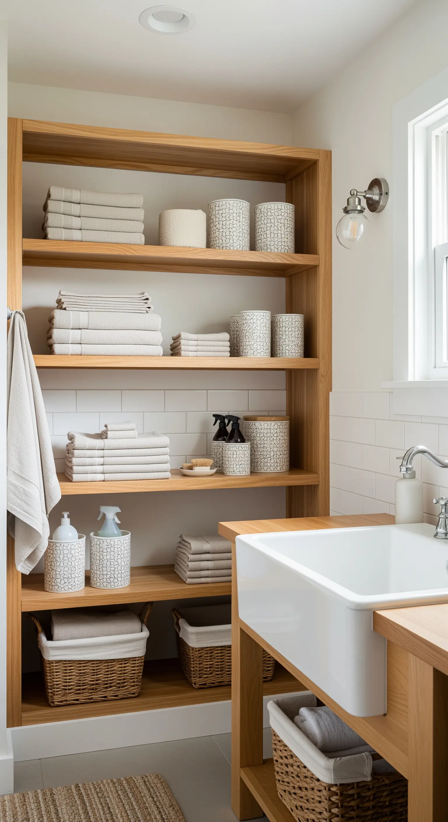 Scaffalatura a giorno in legno chiaro piena di asciugamani e contenitori ordinati.