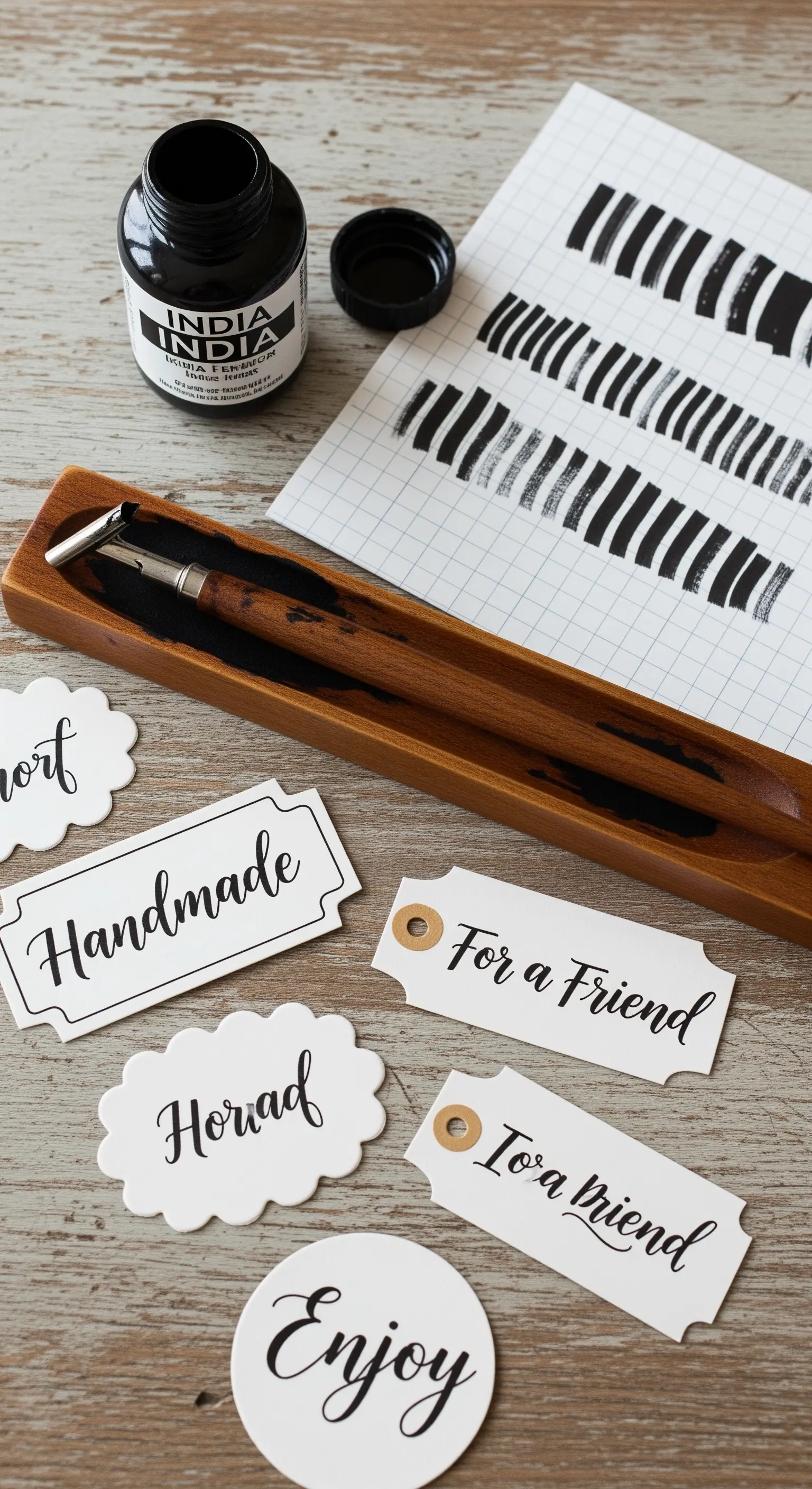 Strumenti per la calligrafia, inchiostro nero e diverse etichette scritte a mano.