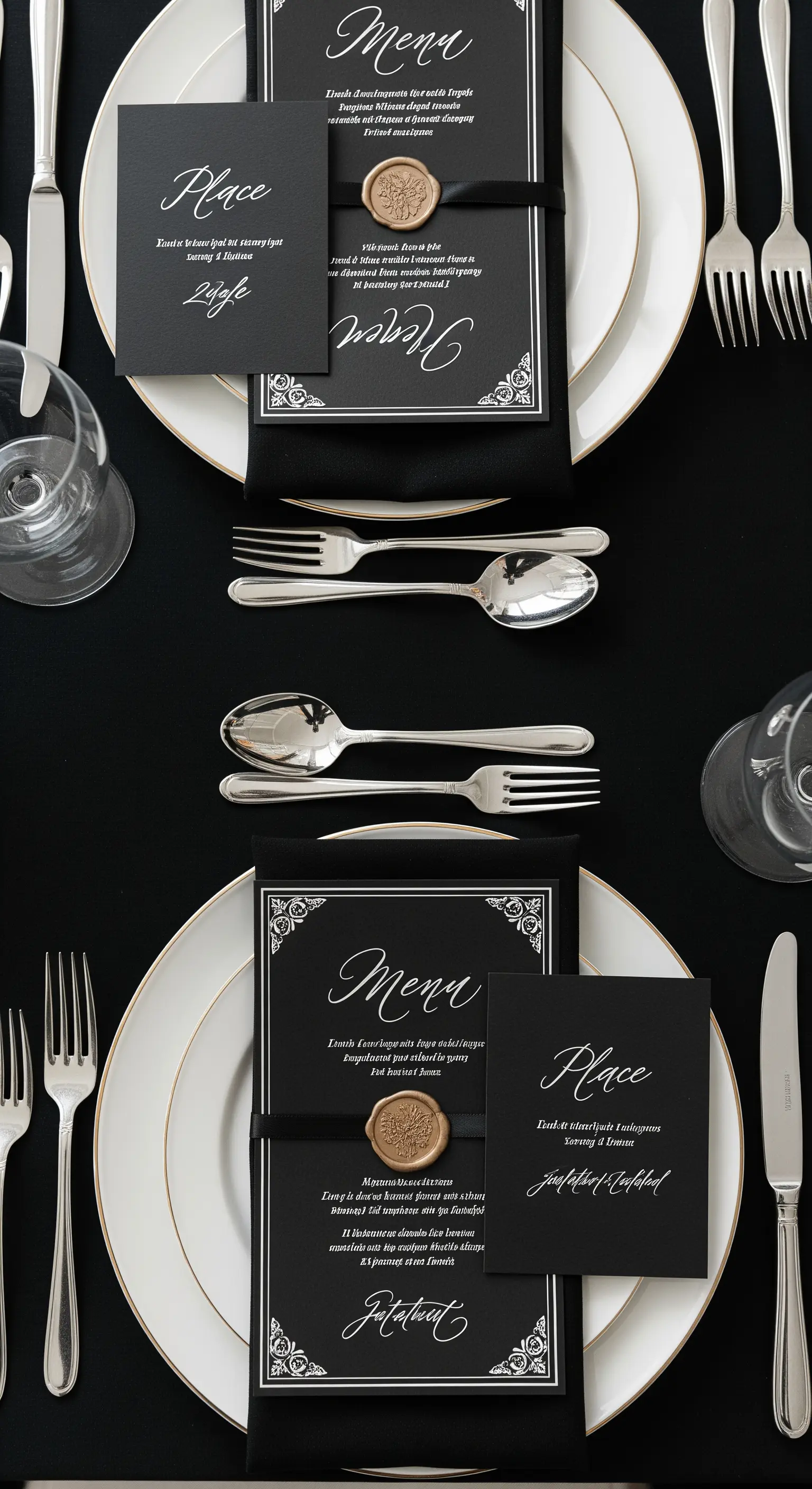 Menu e segnaposto neri con calligrafia argentata e sigillo in ceralacca.