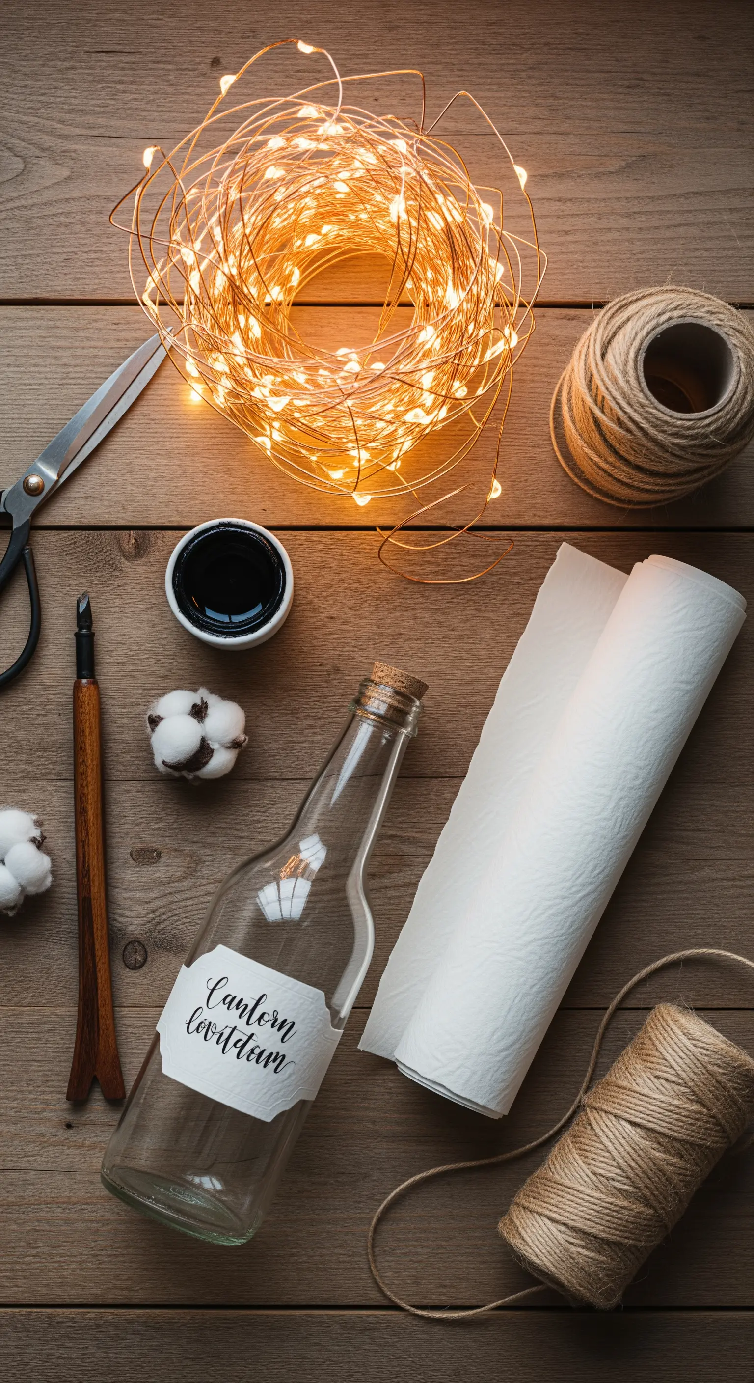 Kit per calligrafia con pennino, inchiostro e spago, accanto a una bottiglia con etichetta scritta a mano.