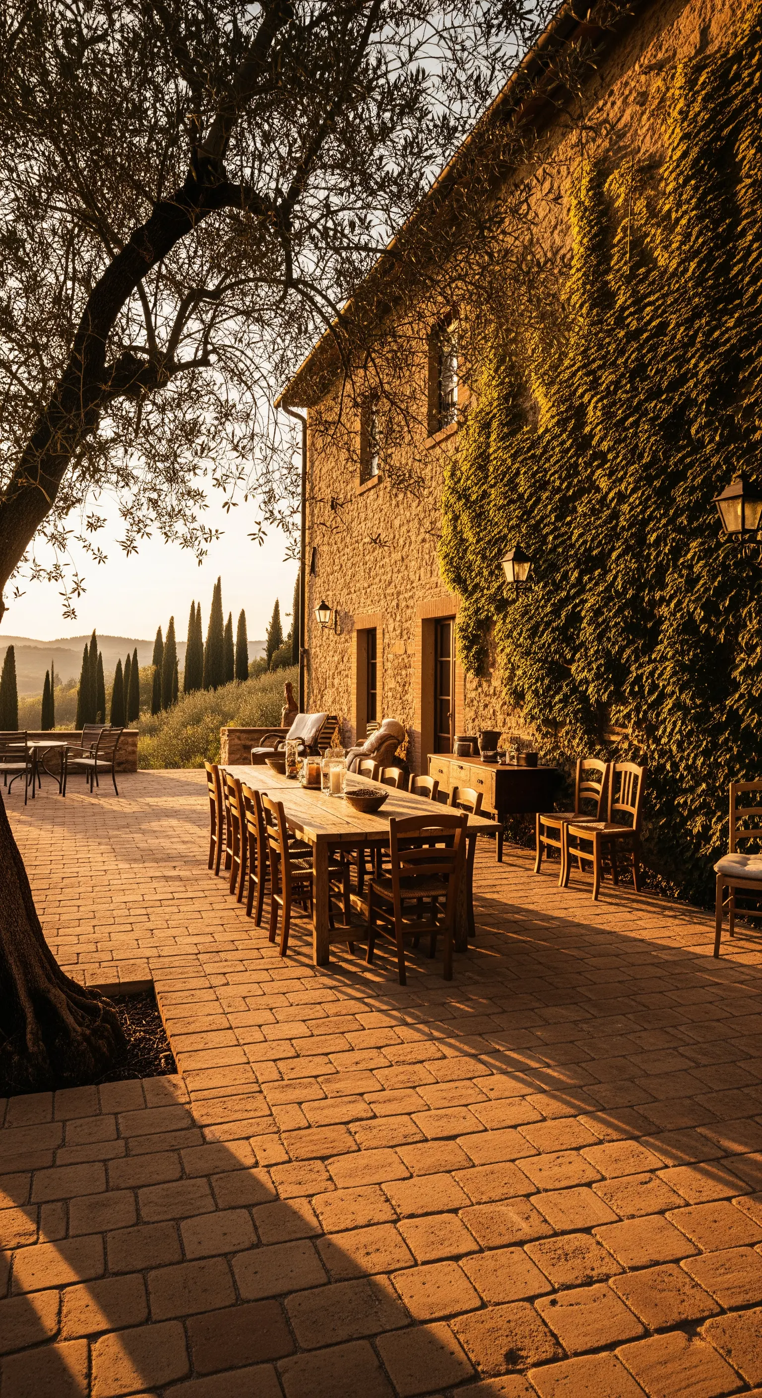 Patio in cotto con lungo tavolo rustico in legno sotto un grande ulivo al tramonto.