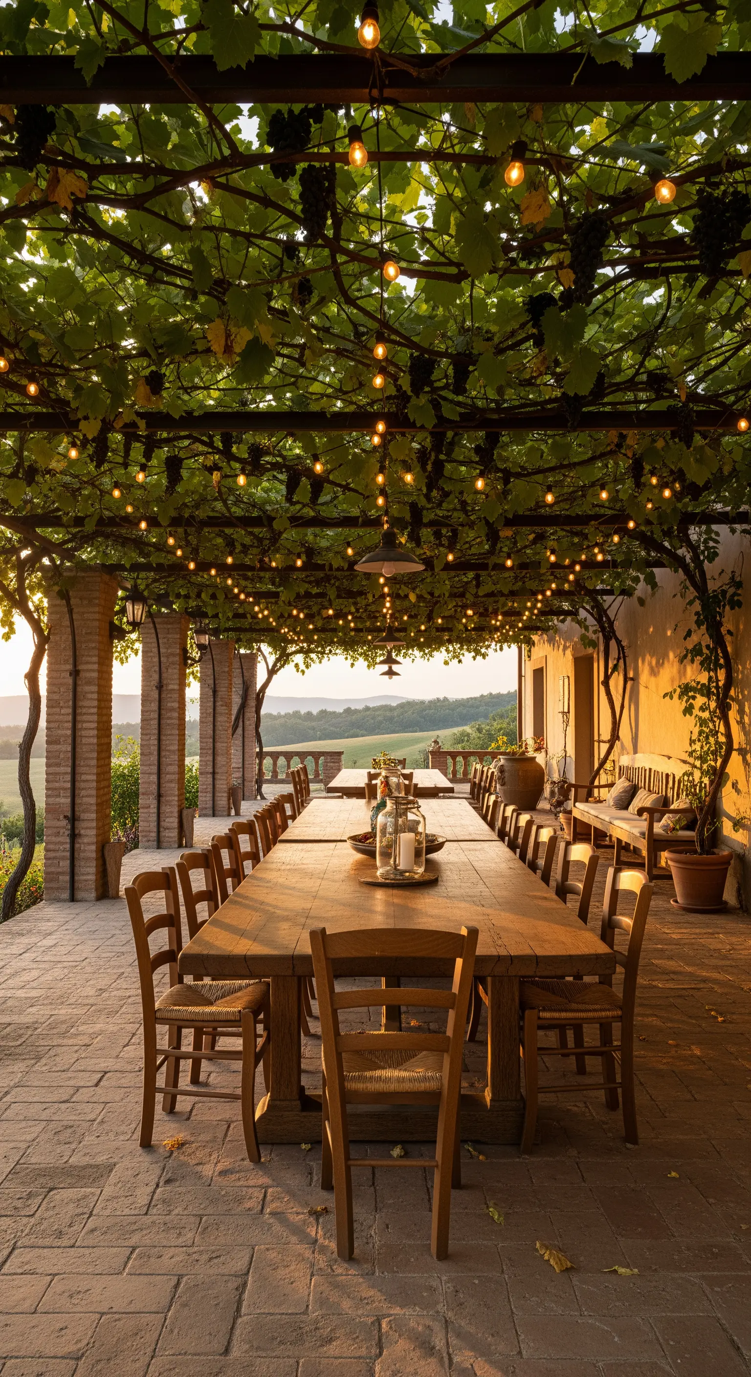 Lungo tavolo in legno sotto un pergolato di vite illuminato da fili di luci calde