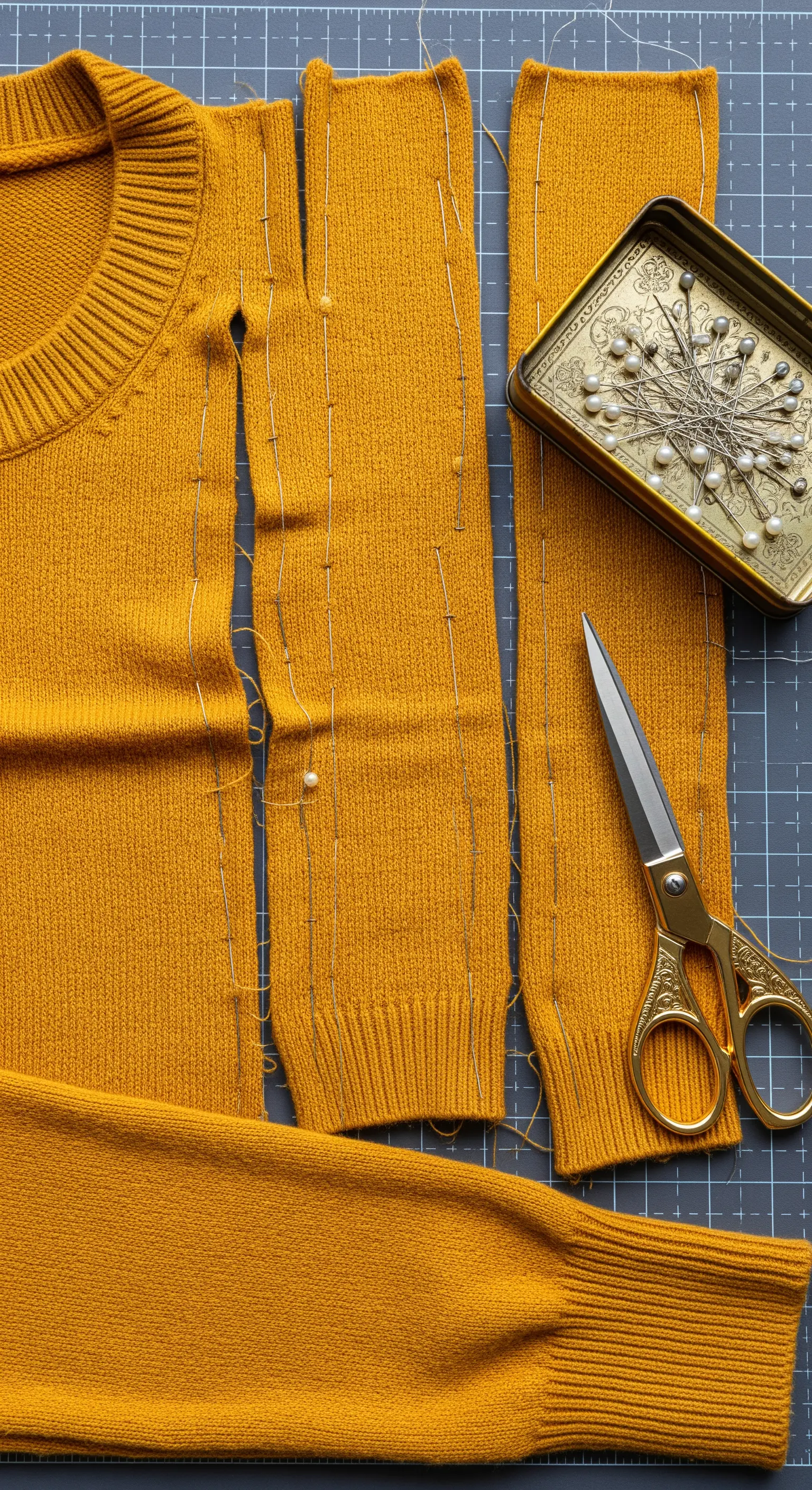 Maglione giallo senape tagliato in sezioni con spilli e forbici dorate.