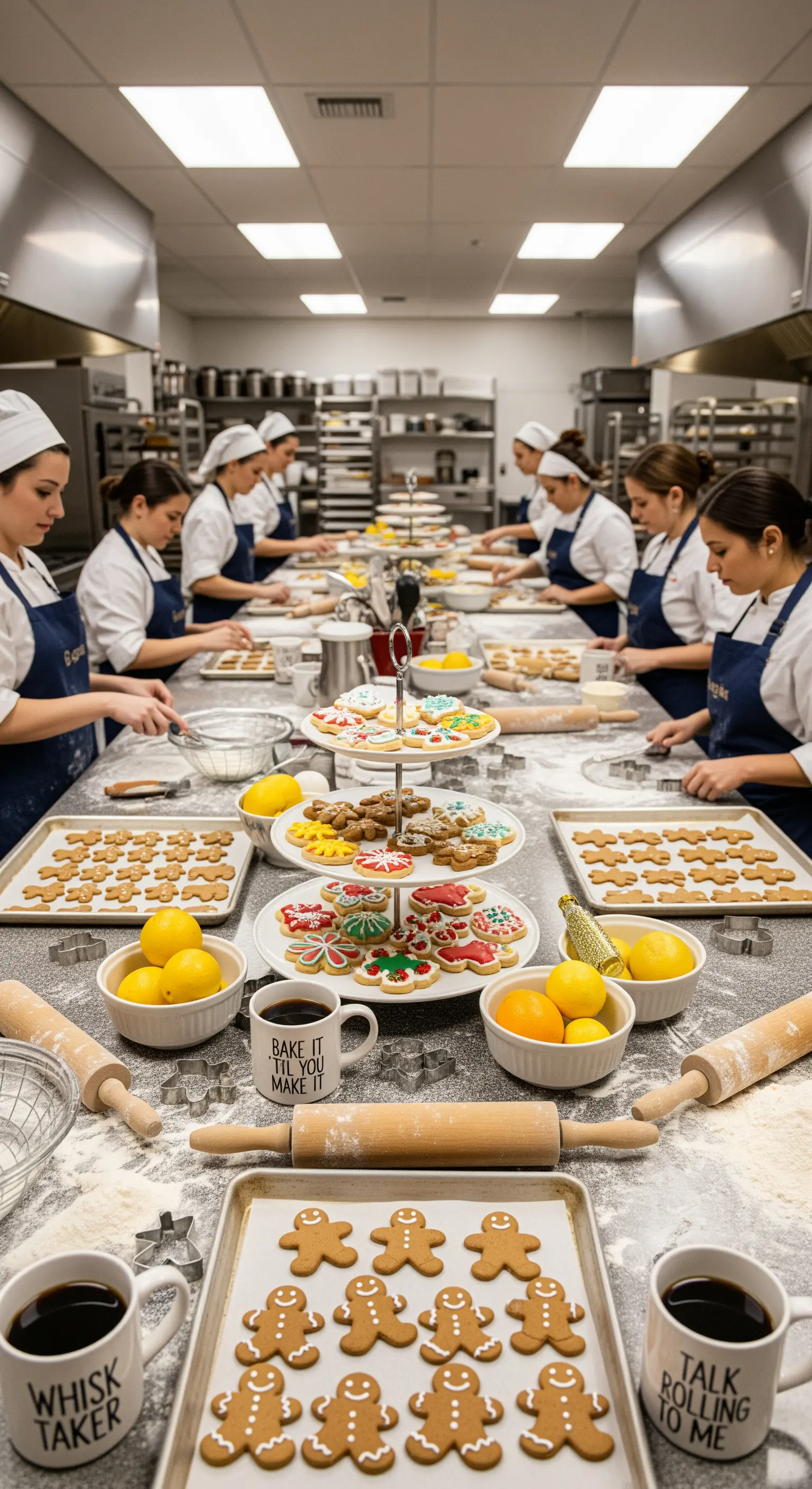 Grande tavolo da lavoro con persone che preparano biscotti di Natale, tra teglie, farina e tazze a tema.