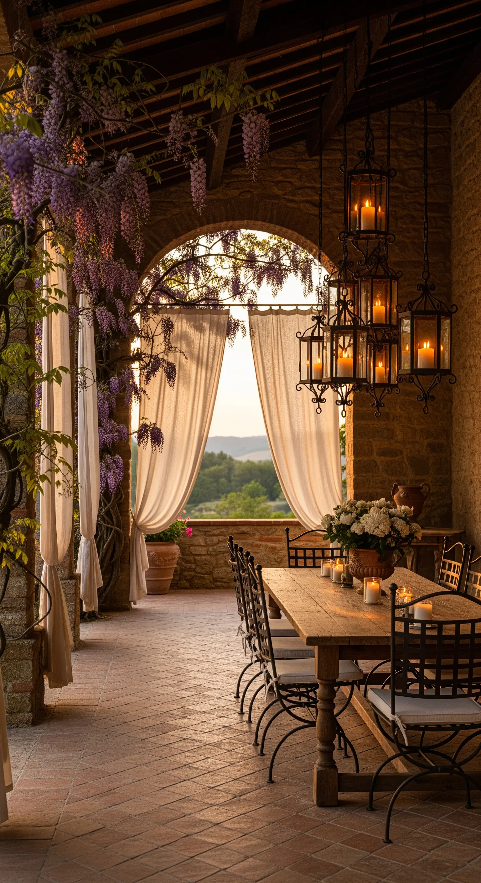 Veranda rustica con tavolo in legno, lanterne a candela e glicine in fiore al tramonto.