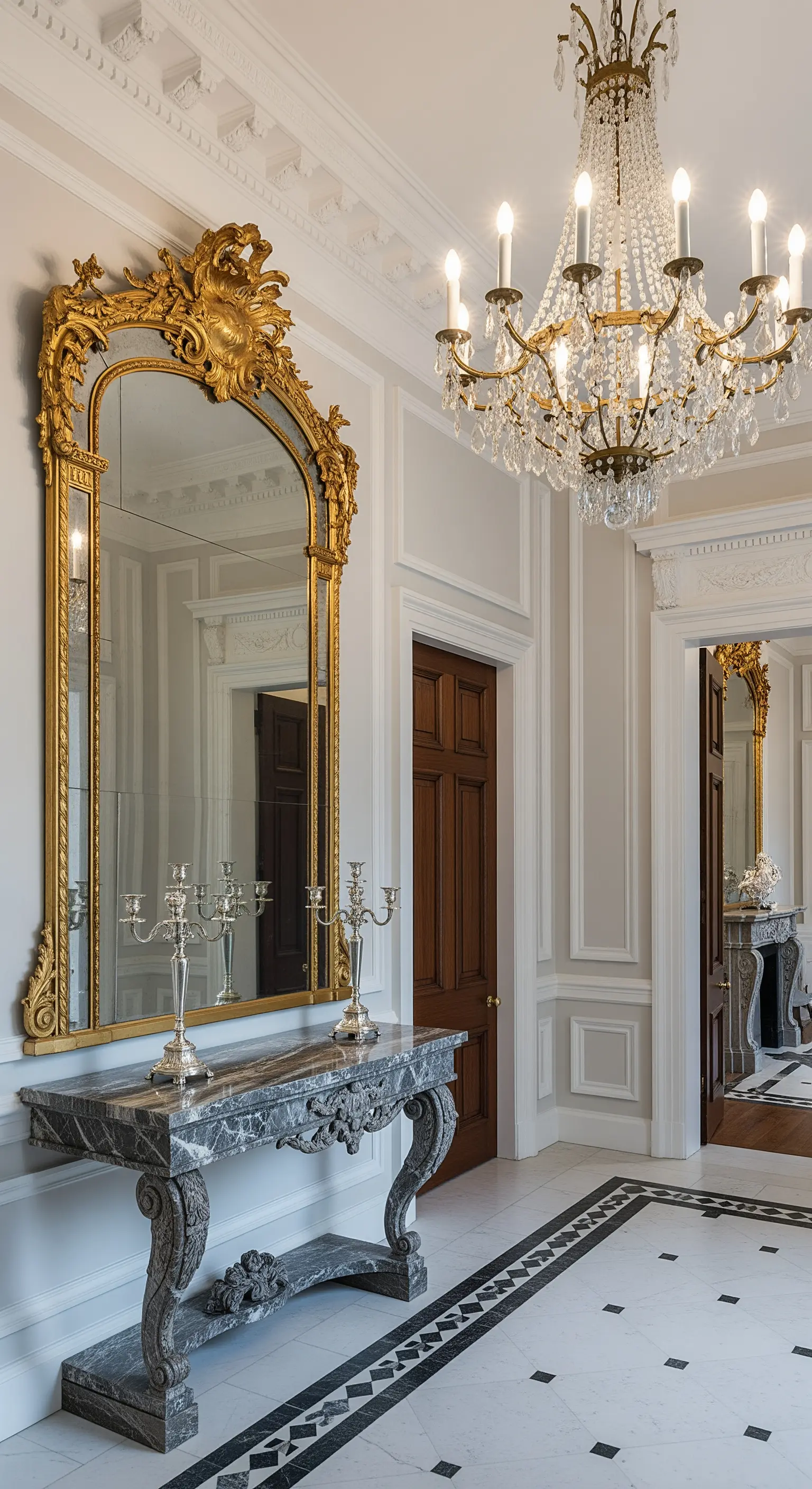 Ingresso imponente con specchio dorato gigante, consolle in marmo scolpito e pavimento a scacchiera.