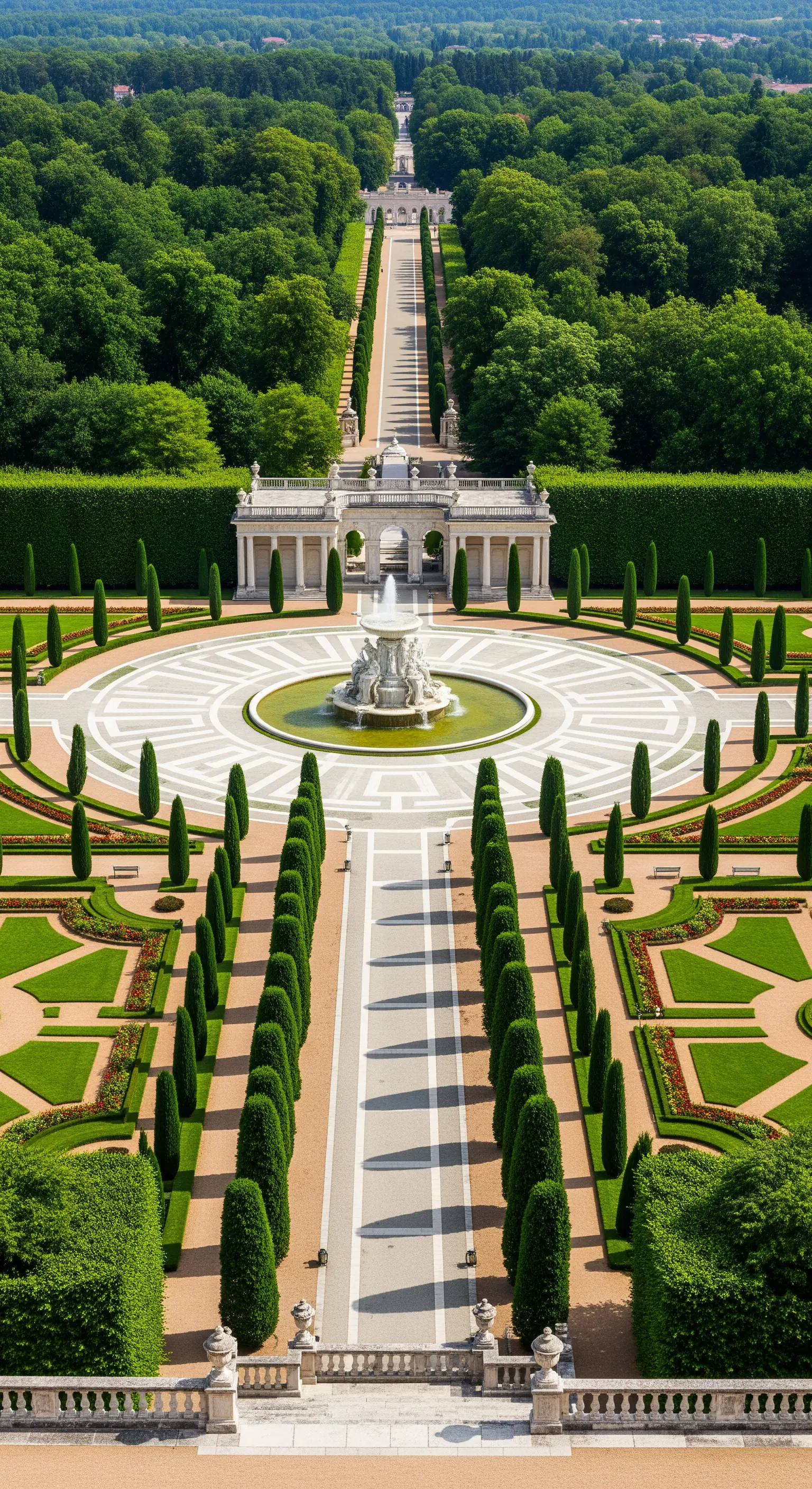 Vista aerea di un grandioso giardino formale con un lungo viale centrale, fontane e parterre simmetrici