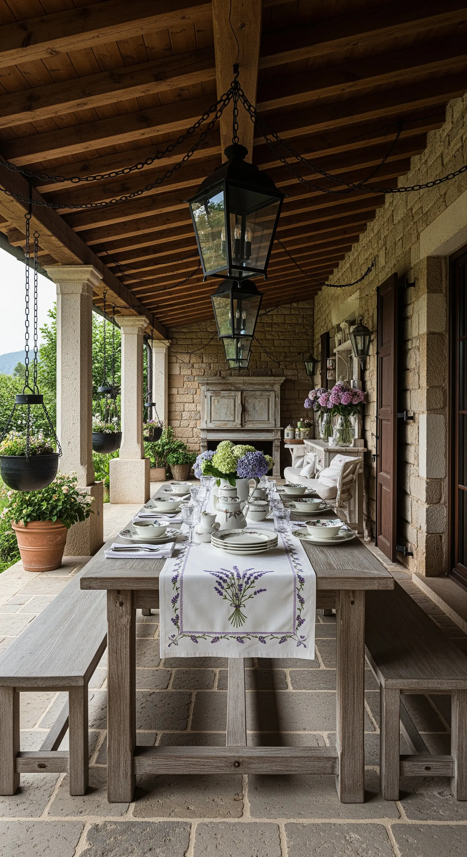 Tavolo da pranzo in legno con un runner ricamato con lavanda, su un portico in pietra.