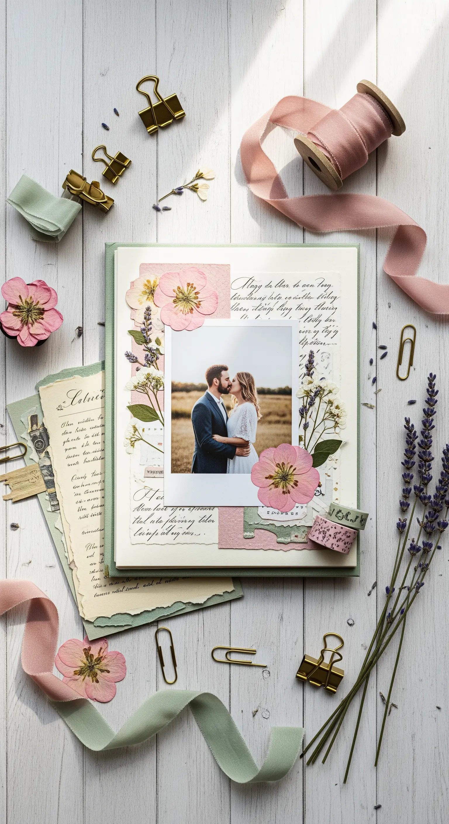 Scrapbook romantico con foto di coppia, fiori pressati, lavanda e nastri color pastello.