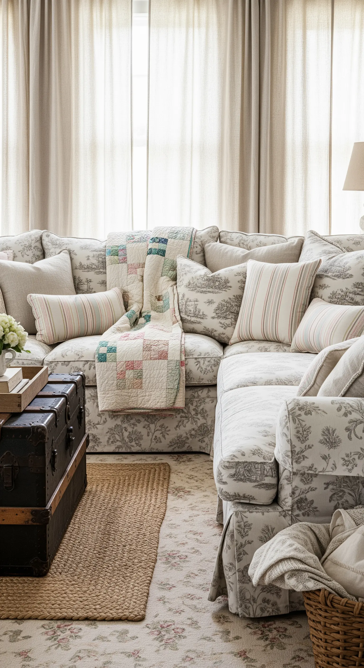 Divano shabby chic con stampa toile de jouy, coperta patchwork e baule vintage.