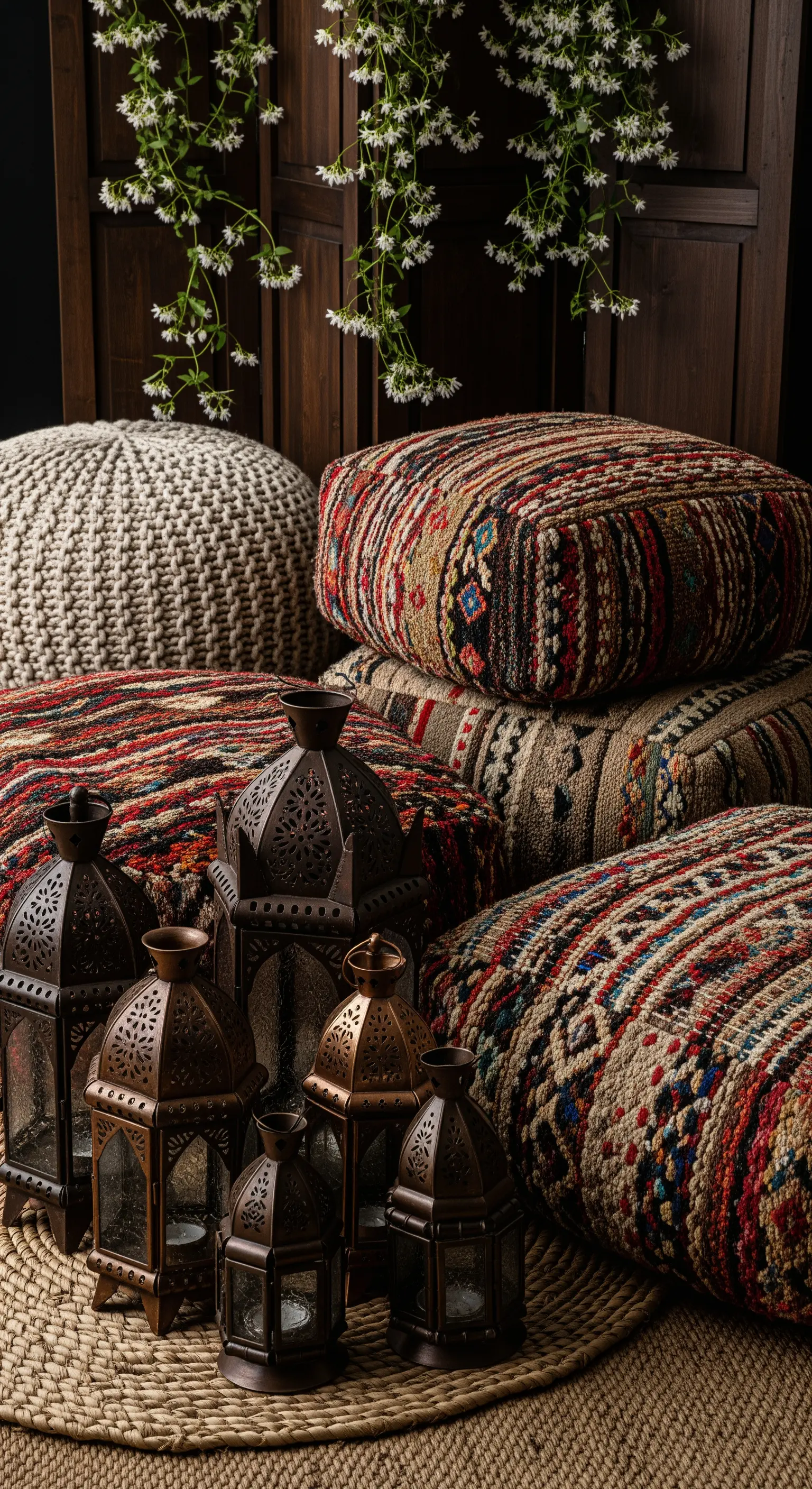 Gruppo di pouf con rivestimenti kilim e in maglia, abbinati a lanterne in metallo scuro.