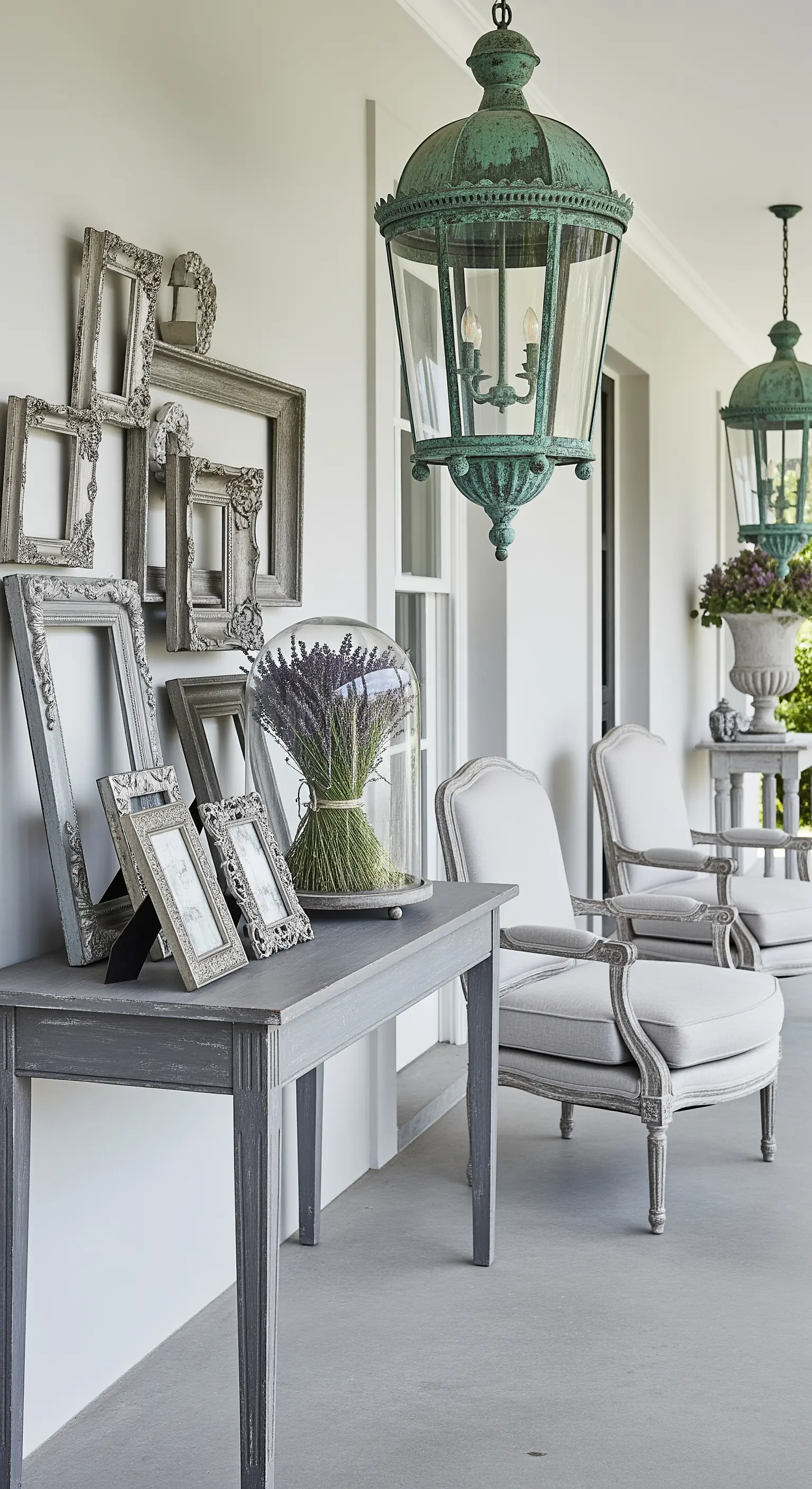 Consolle grigia con una composizione di cornici vuote e una campana di vetro con lavanda.