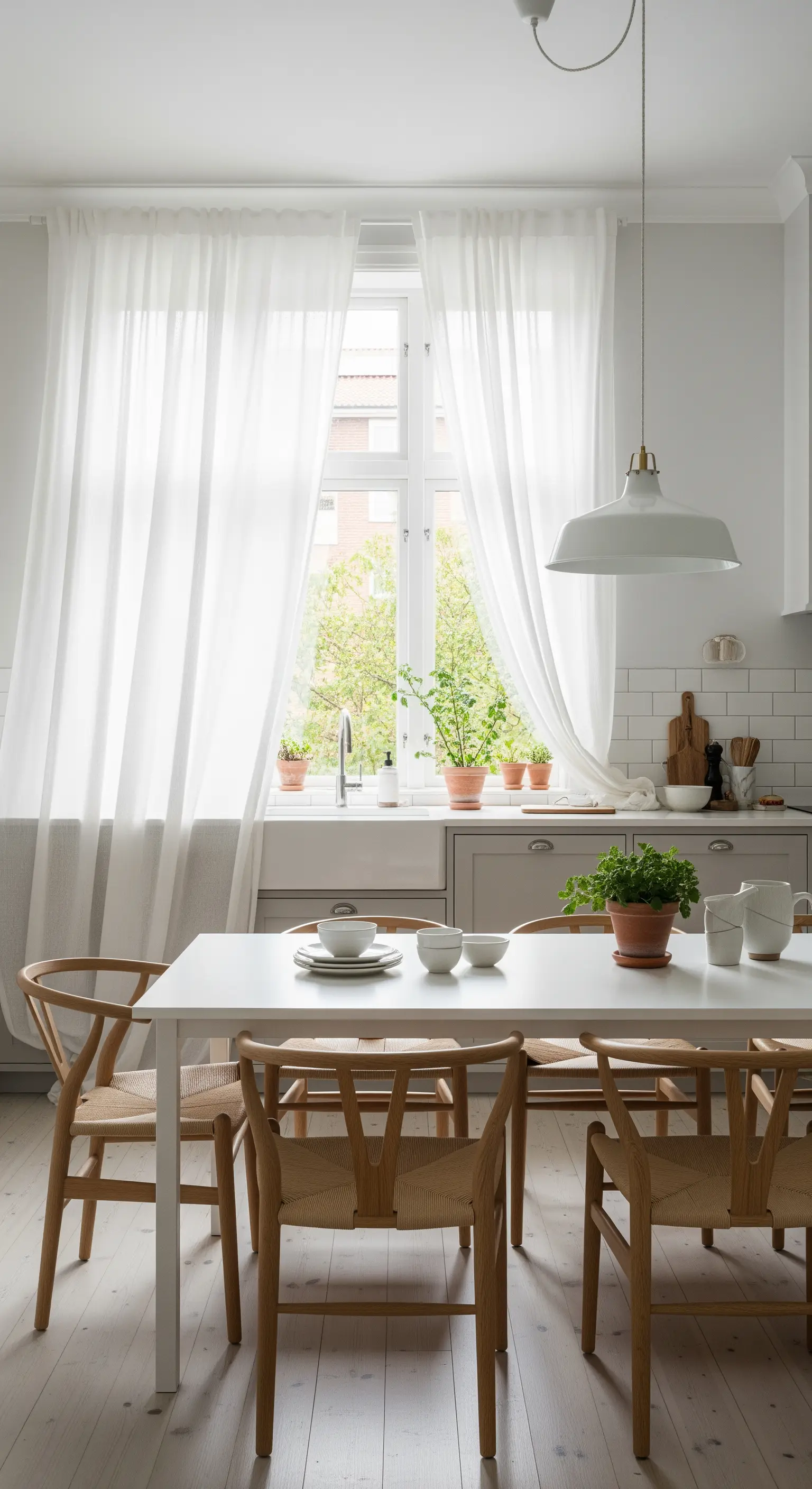 Cucina scandinava con tende in voile bianco, tavolo bianco e sedie in legno chiaro.