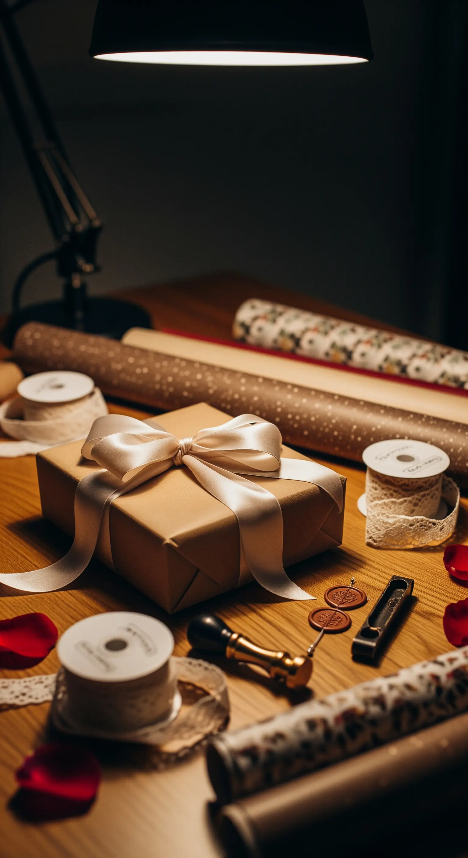 Regalo avvolto in carta color kraft con un grande fiocco di raso e un sigillo di ceralacca.