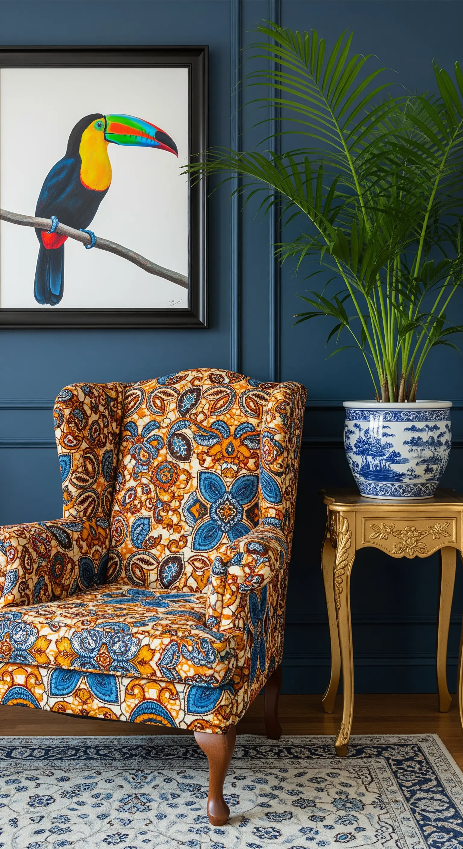 Poltrona wingback rivestita con un tessuto africano a motivi blu e arancioni, su parete blu scuro.