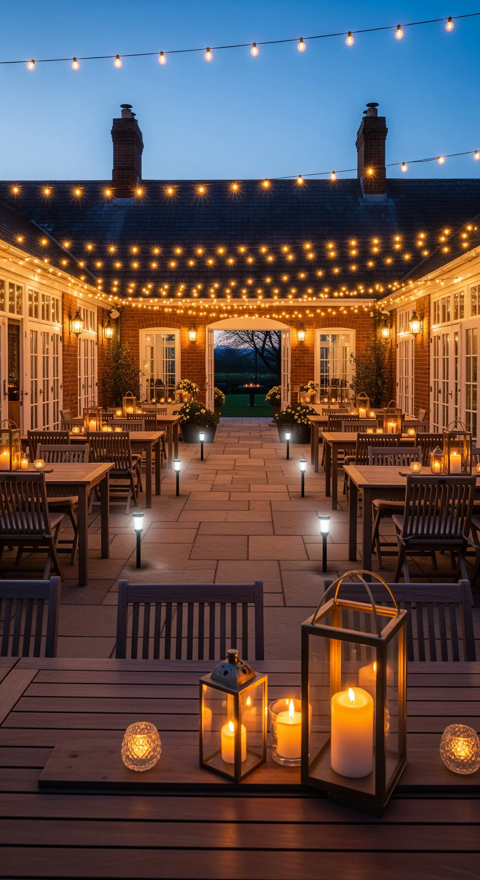 Cortile di un ristorante con tavoli, lucine sospese, faretti e candele.