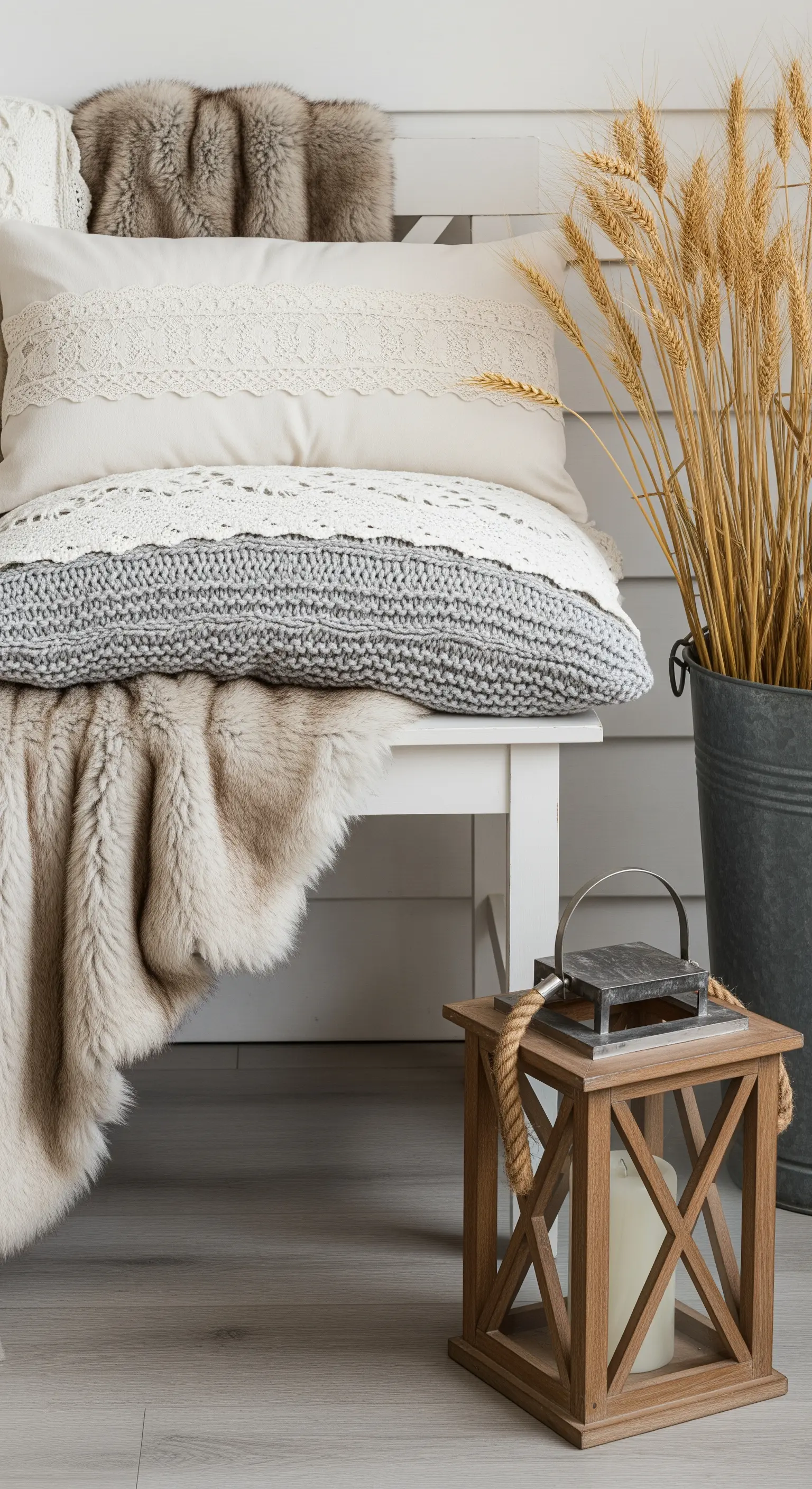 Panca bianca con strati di cuscini e coperte texturizzati, spighe di grano e lanterna.