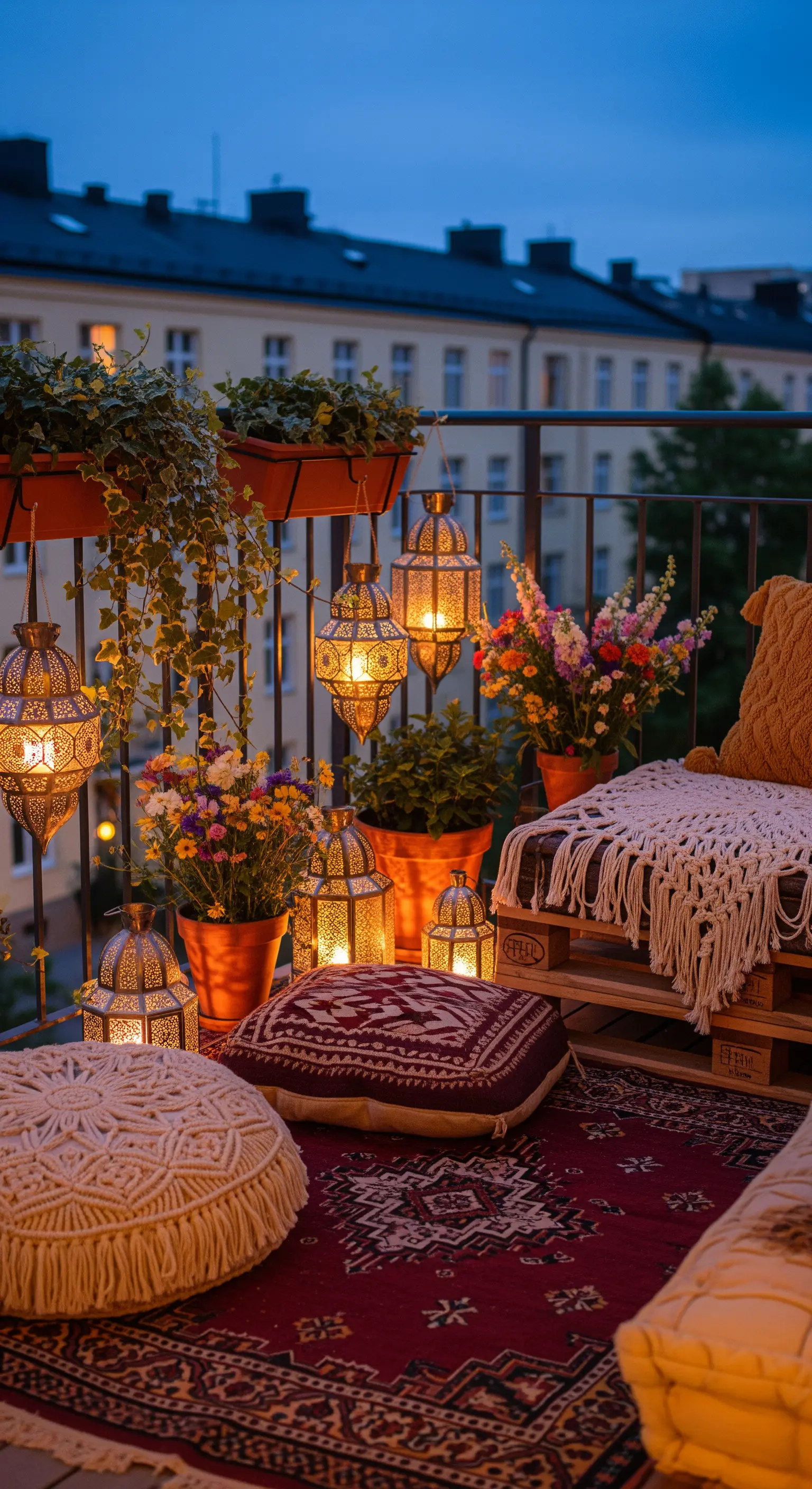 Balcone bohémien illuminato da lanterne marocchine e arredato con tappeto kilim e cuscini a terra.